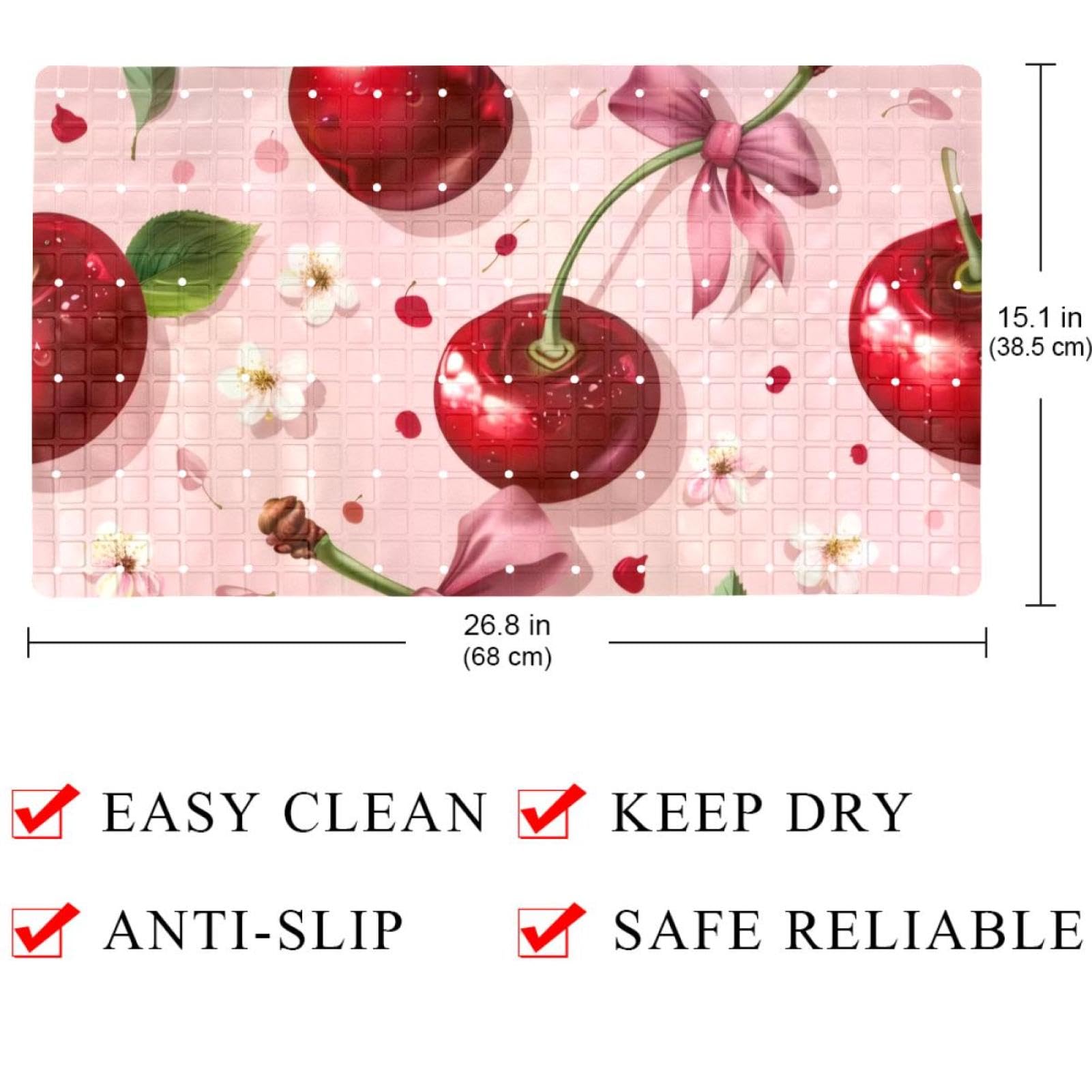 Rutschfeste Badematten für Badezimmer, Motiv: Kirsche mit Schleife und Blume, nahtlos, rechteckig, maschinenwaschbar, 40 x 70 cm