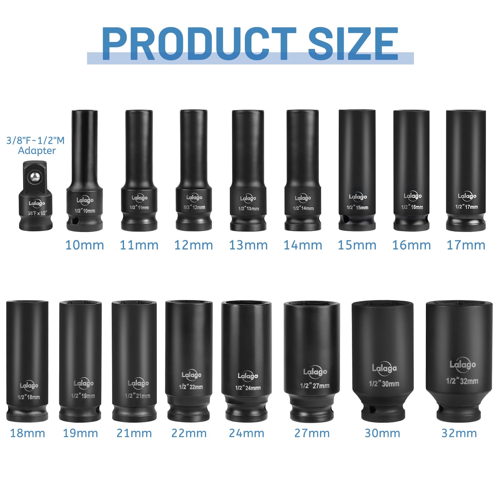 LALAGO 17 piezas Llaves de Impacto de 1/2" Pulgada 10-32mm, Juego de Llaves de Impacto Profundas CR-V, Juego de Vaso con Adaptador de 3/8'' a 1/2'' Métrico de 6 Puntas para Neumáticas y Eléctricas