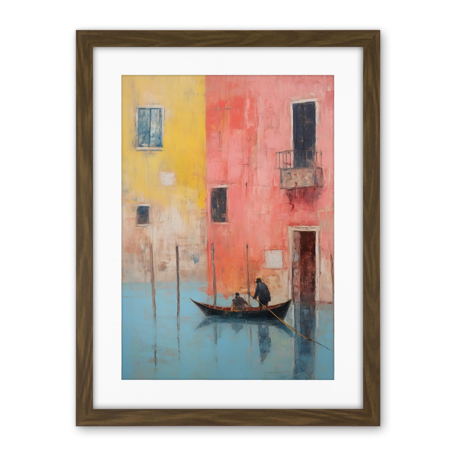 Artery8 Venice Canal Gondola Ride Oil Painting Blue Pink Yellow Pastel Colour Rower Boat on River Artwork Framed Wall Art Print 18X24 Inch