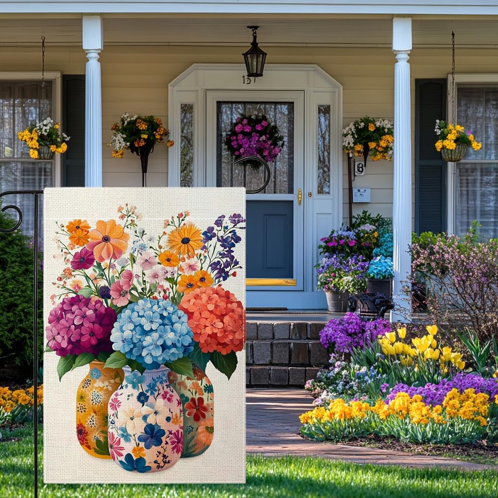 Spring Summer Colorful Floral Mason Jar Garden Flag 12x18 Inch Double Sided Hydrangea Flower Yard Outdoor Flag House Holiday Outside Decoration - Image 3
