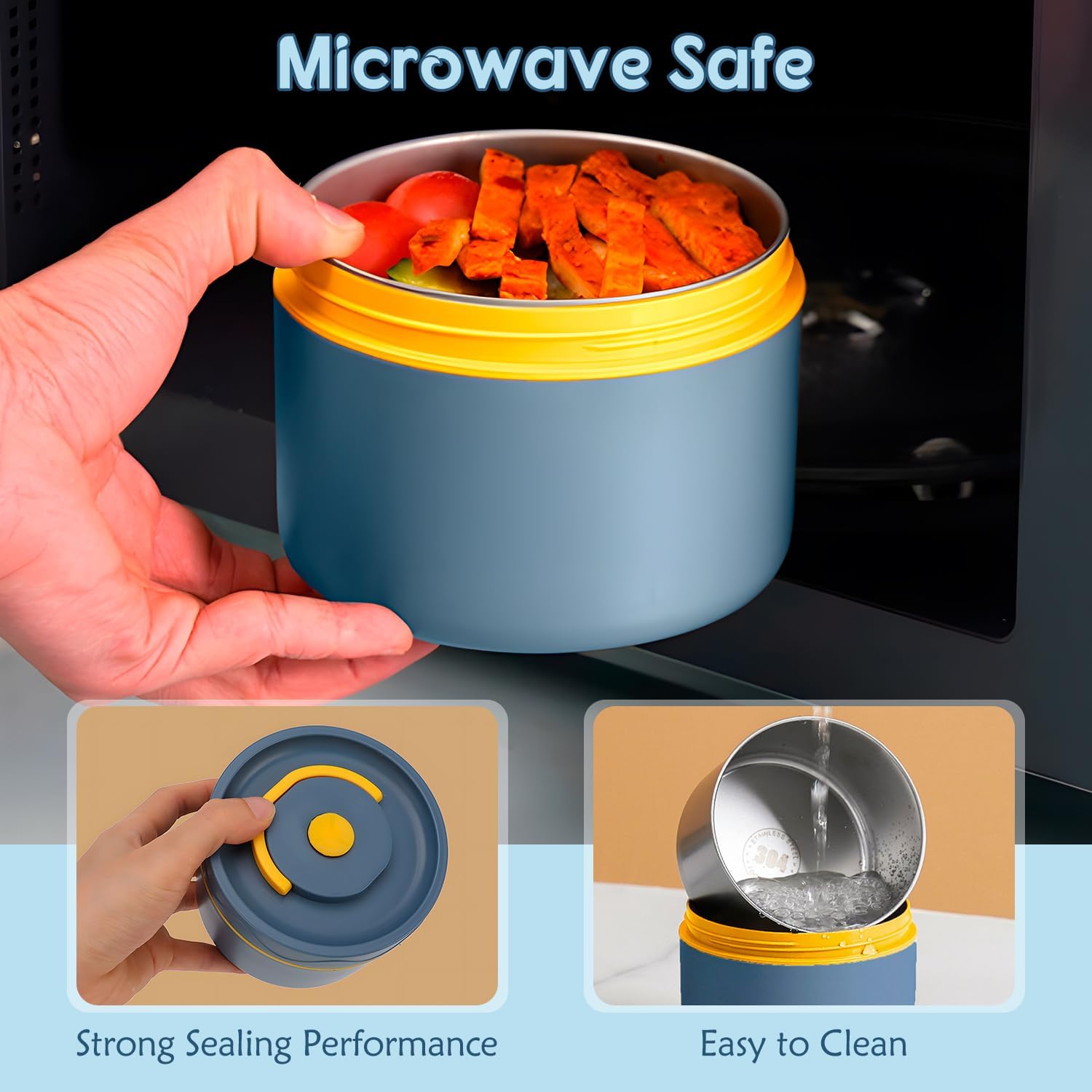 4 Pezzi Cibo Thermo, Contenitore Termico per Alimenti Caldi Contenitori per il Pranzo Isolato Sigillati in Acciaio Inox Rotonda con Maniglia, Borsa, per Cibi Caldi e Freddi (Microonde-Blu Mare)