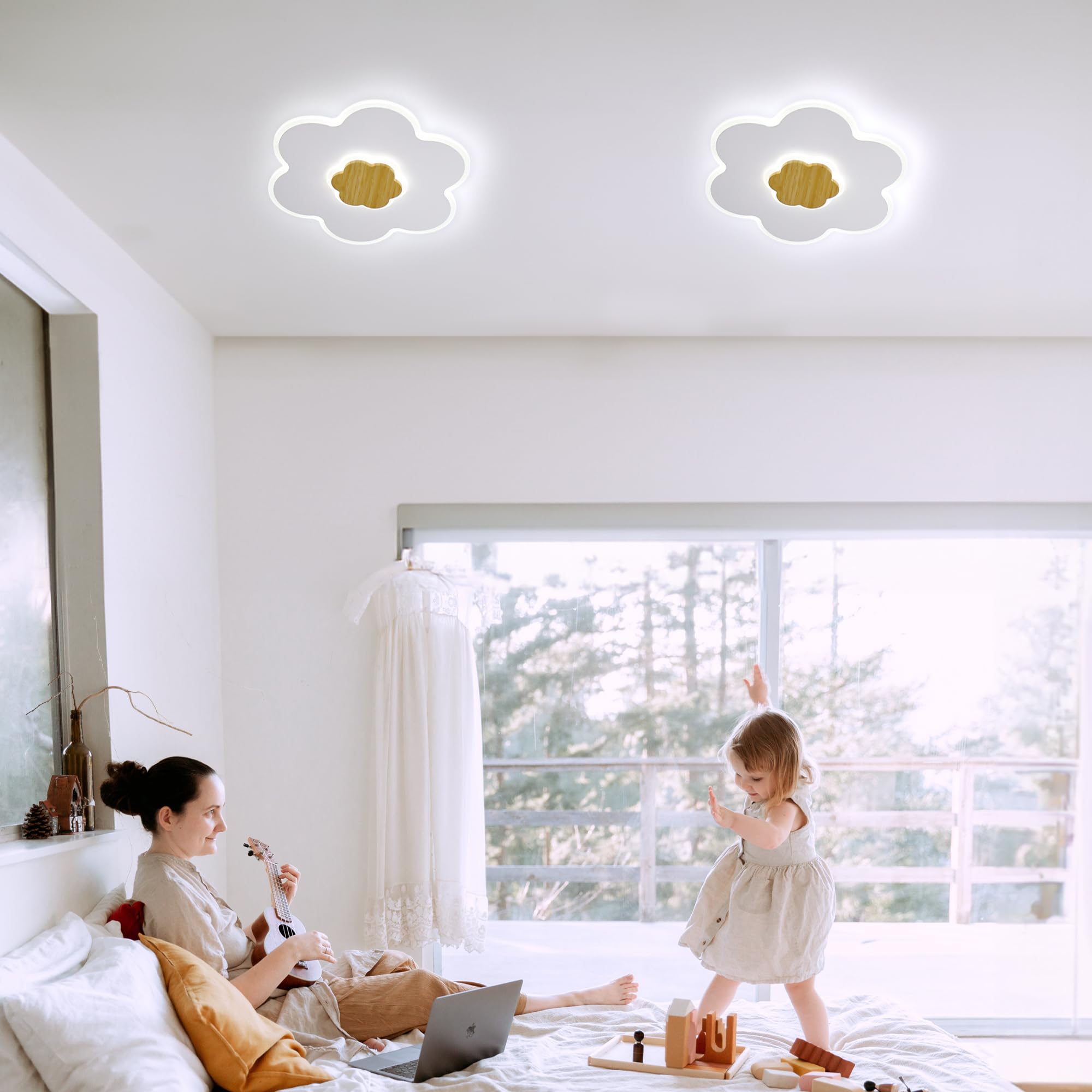 LUOLONG LED Deckenleuchte Kinder Deckenlampe Blumenform Holz Kinderzimmer Deckenleuchten Dimmbar 3000K-6000K 28W 40cm Junge Mädchen Baby Weiß Kinder Schlafzimmer lampe Mit Nachtlichtfunktion