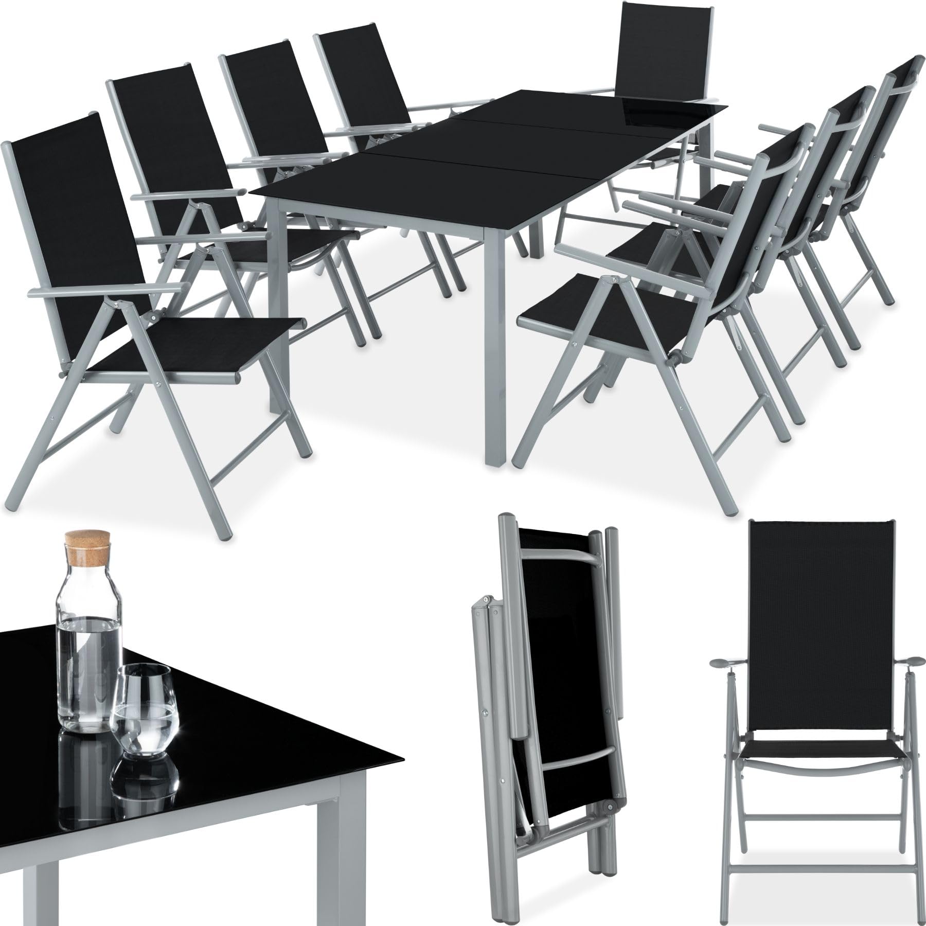 TecTake® Conjunto Muebles Jardín Exterior 9 Piezas, Estructura de Aluminio, Mesa y Sillas Terraza Impermeables, Resistentes a Intemperie, Sillas Plegables y Reclinables, Tela Transpirable - Antracita