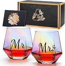 Ymyaye Mr and Mrs Wine Glasses Set of 2 Wedding gifts, Engagement Gift, Iridescent Diamond Shaped Wine Glasses for Couples Bridal Shower Gifts, Unique Colorful Stemless Wine Glasses for Bride and Groom, His and Hers Gifts…