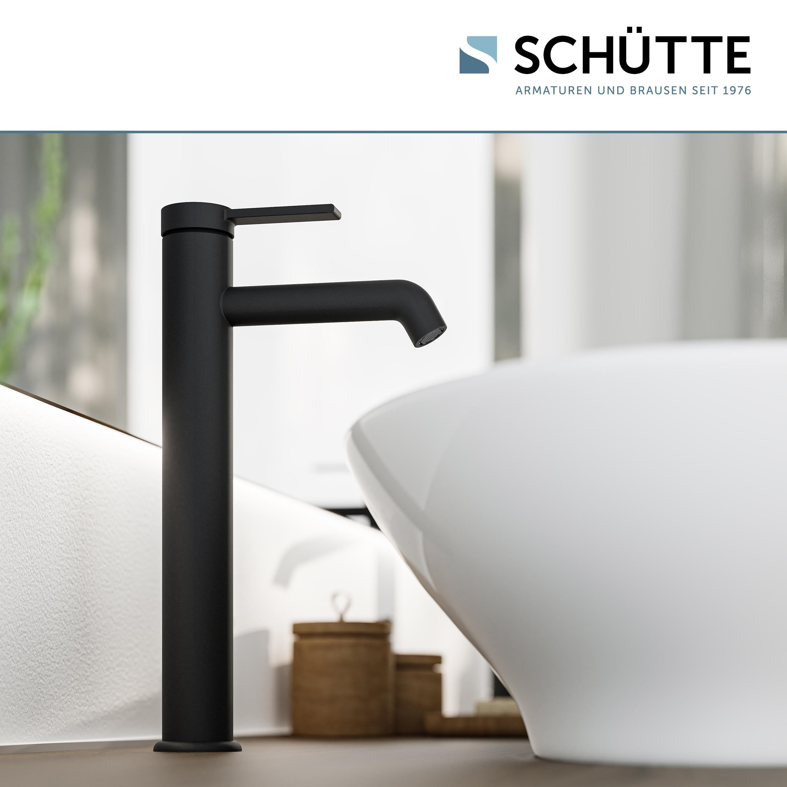 SCHÜTTE Waschtischarmatur für Aufsatzwaschbecken LOS ANGELES 33116, Wasserhahn Bad hoher Auslauf, hohe Armatur Badezimmer, Einhebelmischer Bad Auslauf Höhe 225 mm, Mischbatterie Waschbecken, Schwarz