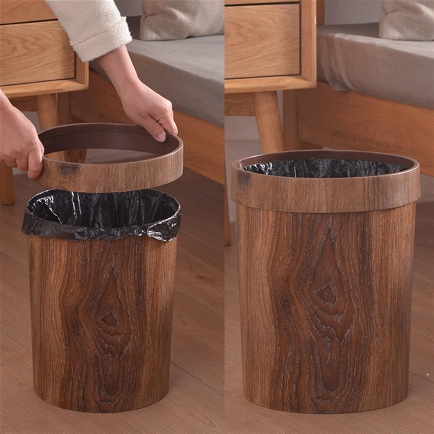 NOLLAM Papelera Bote de basura de grano de madera, contenedor de basura redondo rústico de 10L, papelera de plástico para baño, dormitorio, cocina, hogar y oficina Basurero Cocina