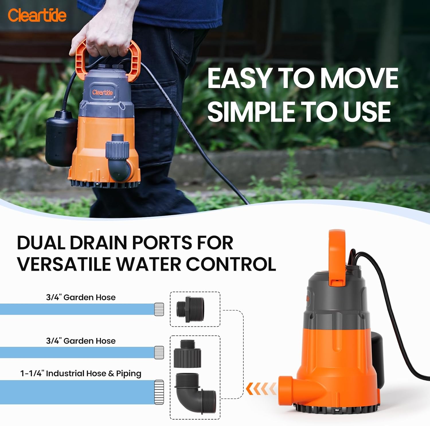 Cleartide Submersible Sump Pump with Tethered Float Switch, 1/2 HP Utility Water Pump, Electric Drain Pump Handles 3/8" Solids, 10 FT Cord