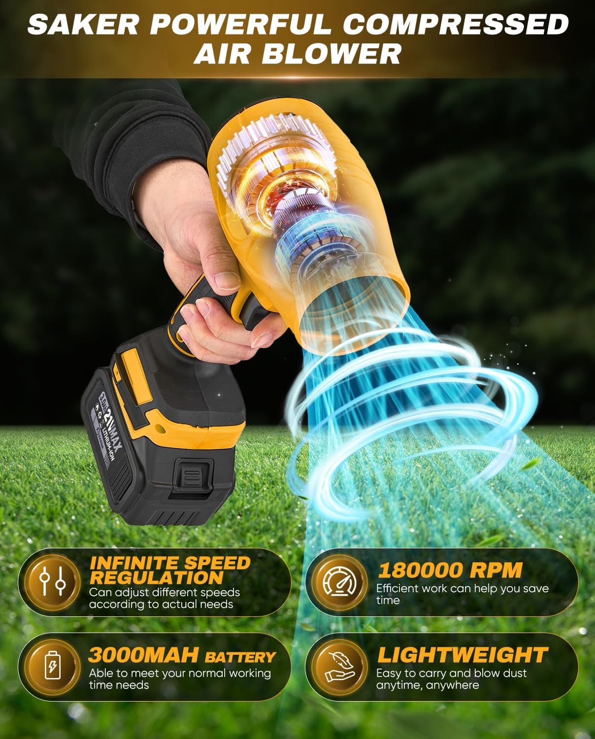 Saker Handheld Cordless Leaf Blower Portable Dust Cleaner Turbo Jet Blower 180000 RPM Compressed Air Duster with Adjustable Speed for Drying Patio Cleaning Camping 3 Batteries Yellow