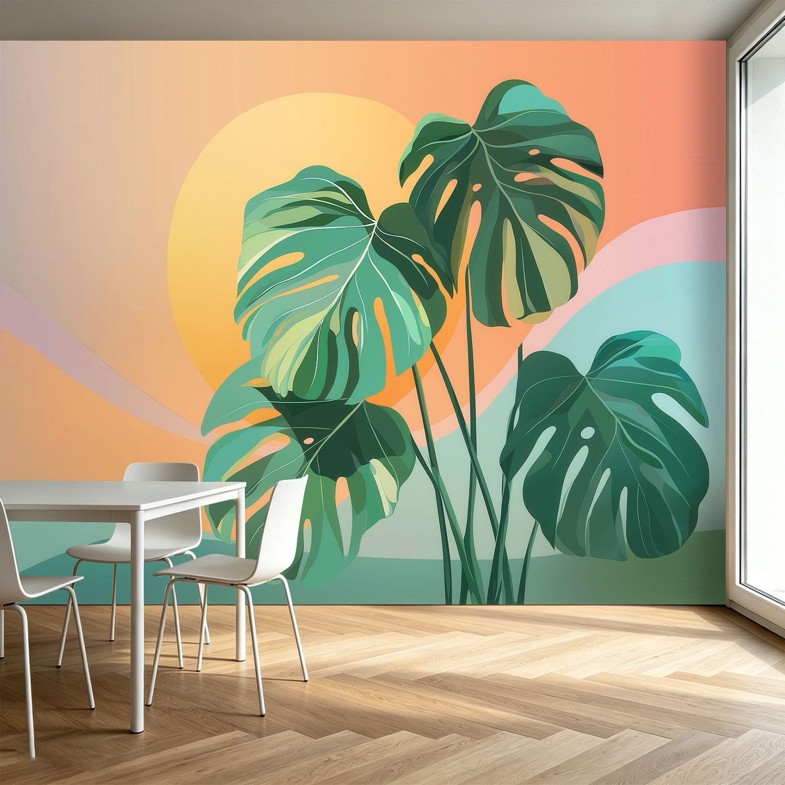 Tapeta 3D, zachód słońca, roślina, liście monstery, 250 x 175 cm, mural ścienny, do minimalizmu, salonu, mieszkania, biura, włókniny, fototapeta, funkcja premium, fototapeta ścienna