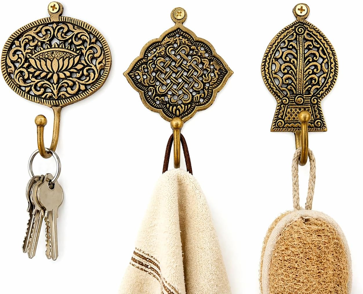 Wall Hooks Set of 3 Vintage Brass – Antique Decorative Coat Hooks for Wall Mount, Heavy Duty Key Holder, Towel Hook for Bathroom, Entryway, Kitchen – Rustic Home Decor