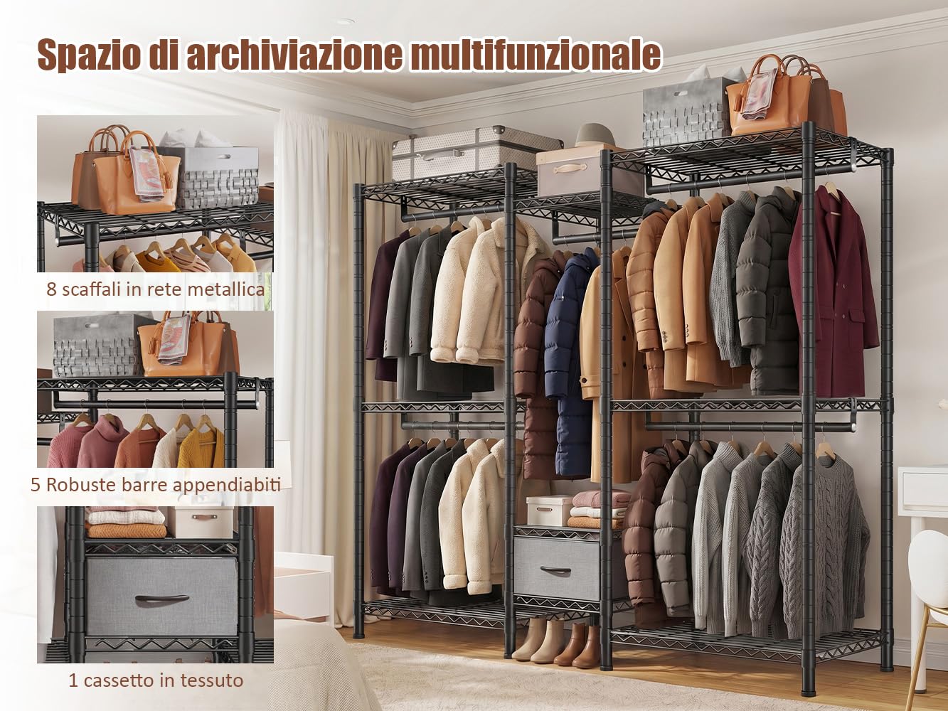 Stand Appendiabiti in Metallo, 550 KG di Capacità, Cabina Armadio con 8 Ripiani Regolabili in Altezza, 5 Aste Appendiabiti e 1 Cassetto, 189x45x194,5 cm, per Camera da Letto e Guardaroba, Nero