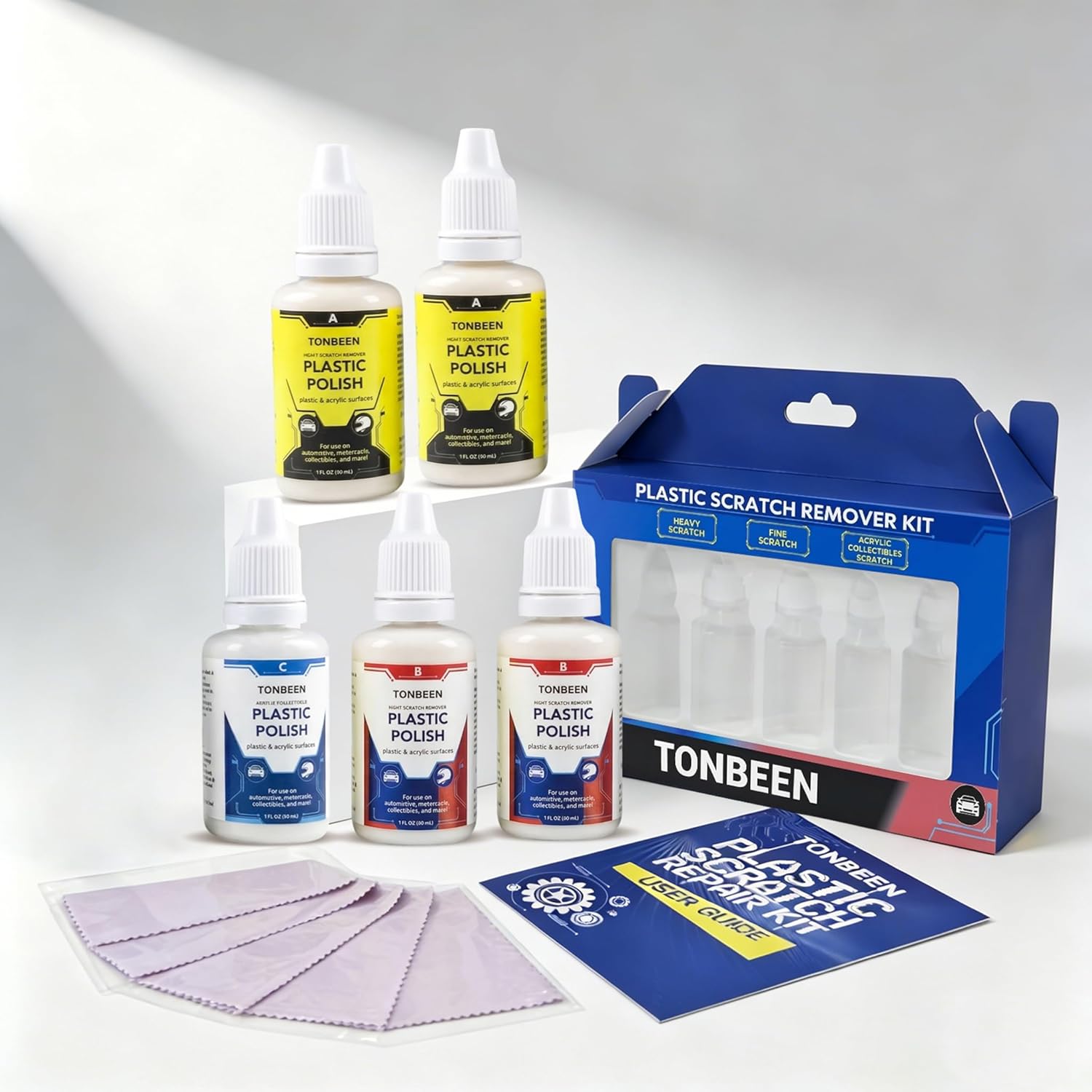 Plastic Scratch Remover & Polish Kit, 3-Level Plastic Restorer for Light to Heavy Scratches, Improves Clarity on Headlight Covers, Acrylic, Plexiglass & Plastic Surfaces, 5-Piece Set (150ml Total)