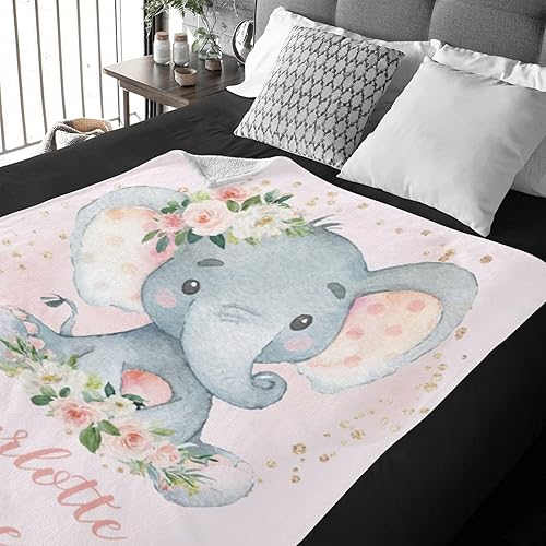 Miniatura 3 de Manta de bebé personalizada para niñas Manta suave personalizada de elefante rosa con nombre Regalo de decoración de guardería para bebé niña, 50