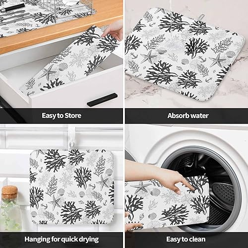 Miniatura 4 de Tapete de secado de platos costero negro y gris para encimera de cocina, tapete de secado de platos de coral de playa, tapete de cocina de secado de
