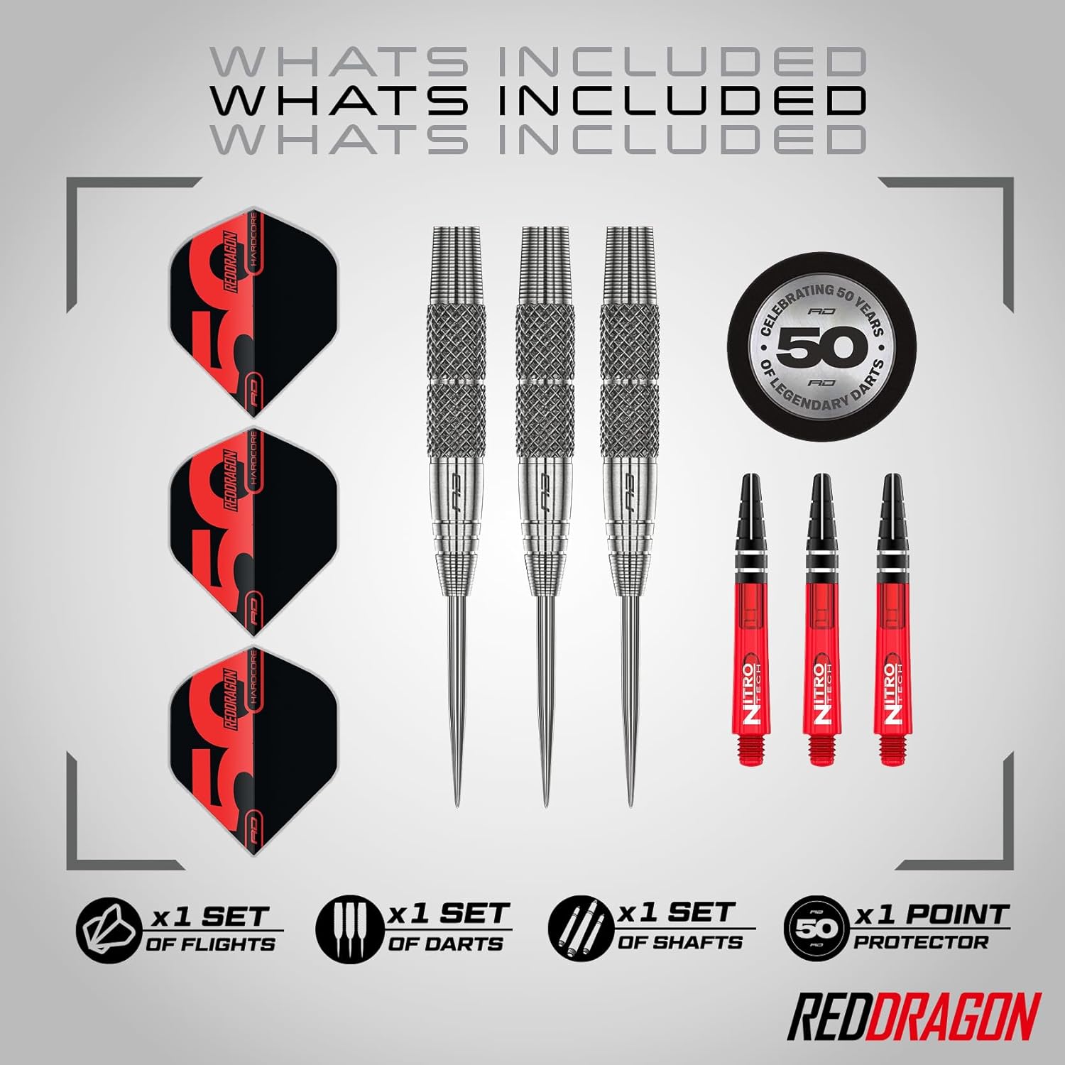 RED DRAGON Darts - 50 Year Classics Collection - Grizzly - 90% Tungsten Darts Set - Professional Steel Tip - Includes Dart Flights & Dart Stems (Shafts) - Available in 24g & 25g