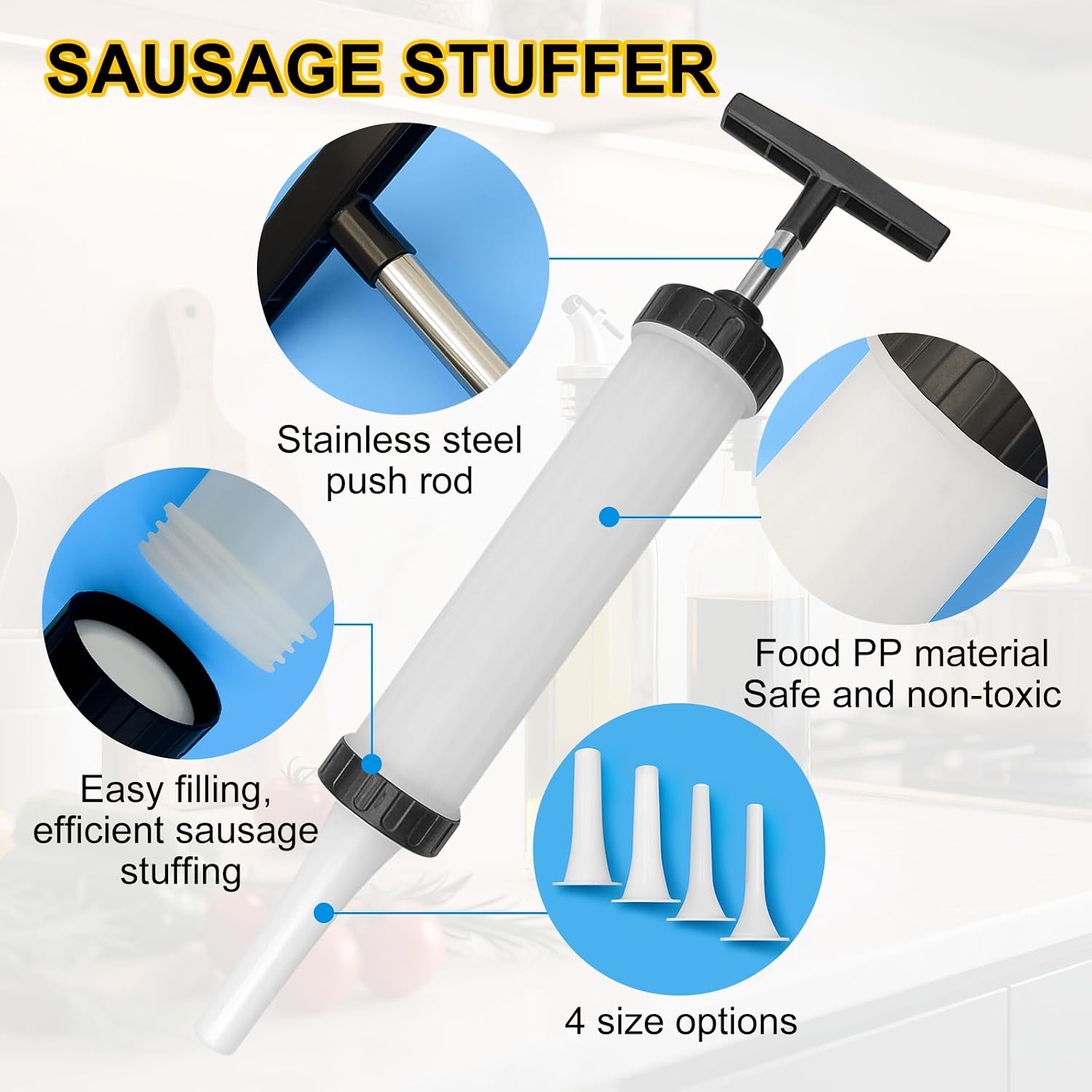 2 Set Sausage Stuffer, Plastic Meat Filler Funnel, Quick Meat Filling Tool, Hot Dog Stuffer with 4 Size Filling Tubes for Holiday Christmas Household Use Camping Outdoor BBQ