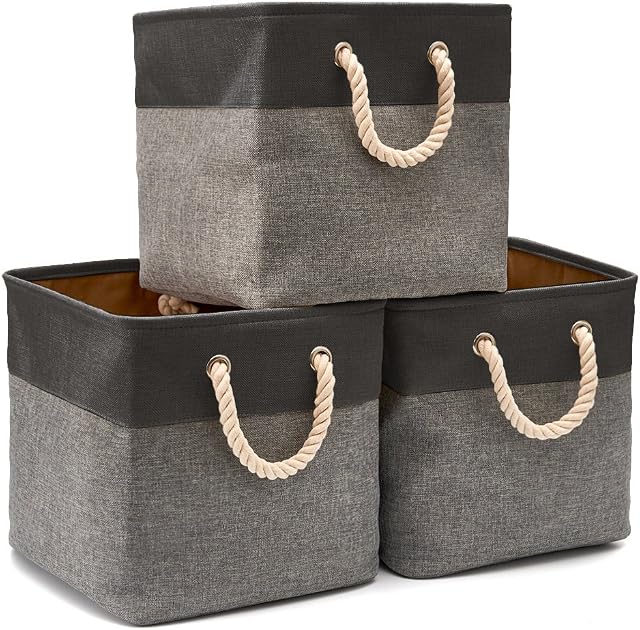 EZOWare Set of 3 Folding Storage Cube Bins, Collapsible Fabric Tweed Basket Container with Cotton Handles for Shelf, Nursery, Hamper (33 x 33 x 33 cm) - Black/Gray