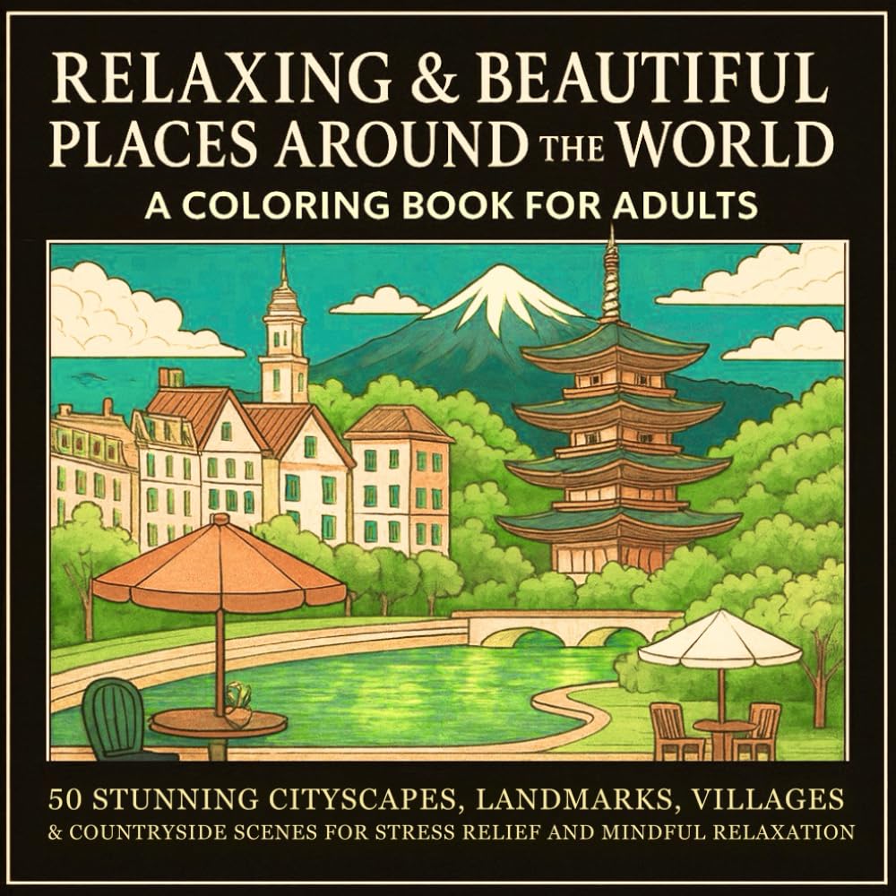 Relaxing & Beautiful Places Around the World: A Coloring Book for Adults: 50 Stunning Cityscapes, Landmarks, Villages & Countryside Scenes for Stress Relief and Mindful Relaxation