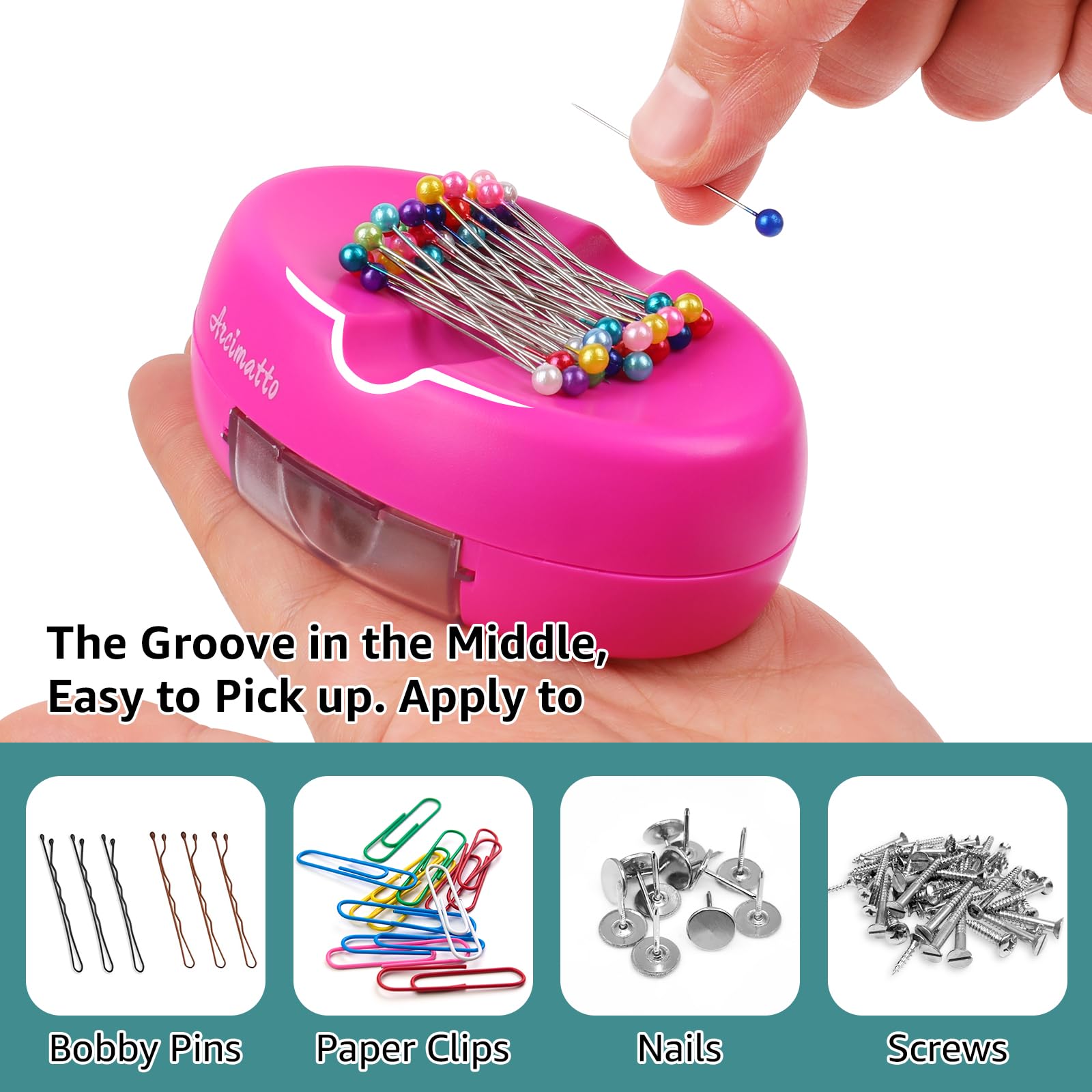 Arcimatto Soporte magnético para alfileres, imán fuerte con cajón, cojín de pin con 100 pines rectos de cabeza de bola para coser, cojines de aguja, organizador de clips de papel para acolchar