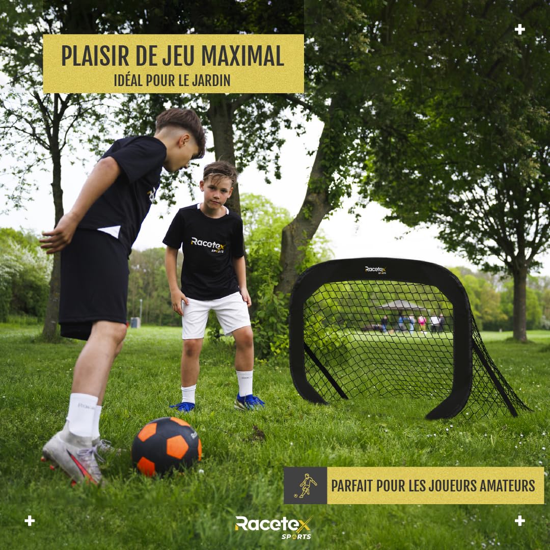 Racetex Lot de 2 buts de football pour enfants avec barres en fibre de verre renforcées, ballon, pompe, ancrage au sol et sac de transport