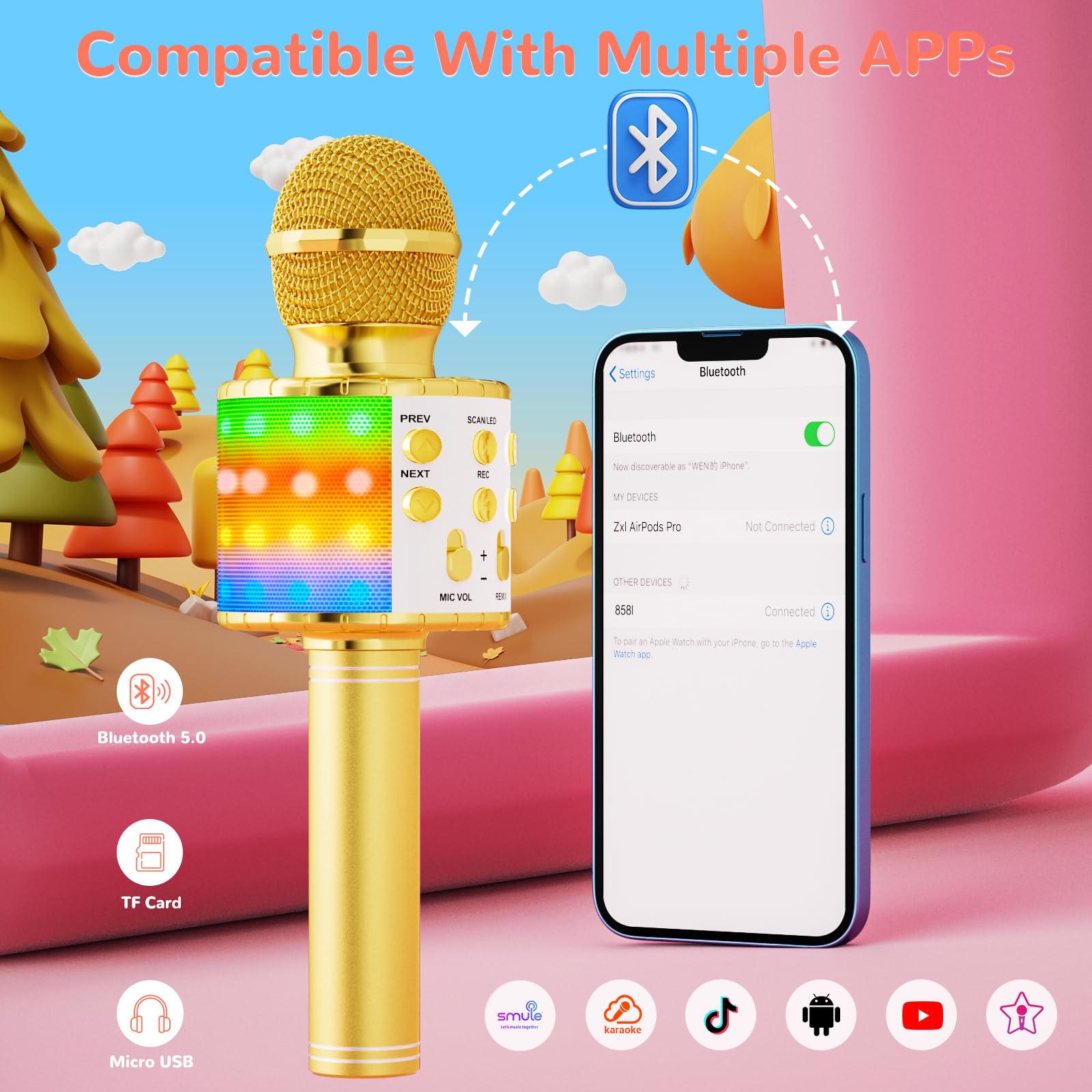 Ankuka Bezprzewodowy mikrofon do karaoke, 4 w 1, ręczny mikrofon Bluetooth, głośnik, maszyna do karaoke z tańczącymi światłami LED, domowy odtwarzacz KTV kompatybilny z urządzeniami z systemem Android
