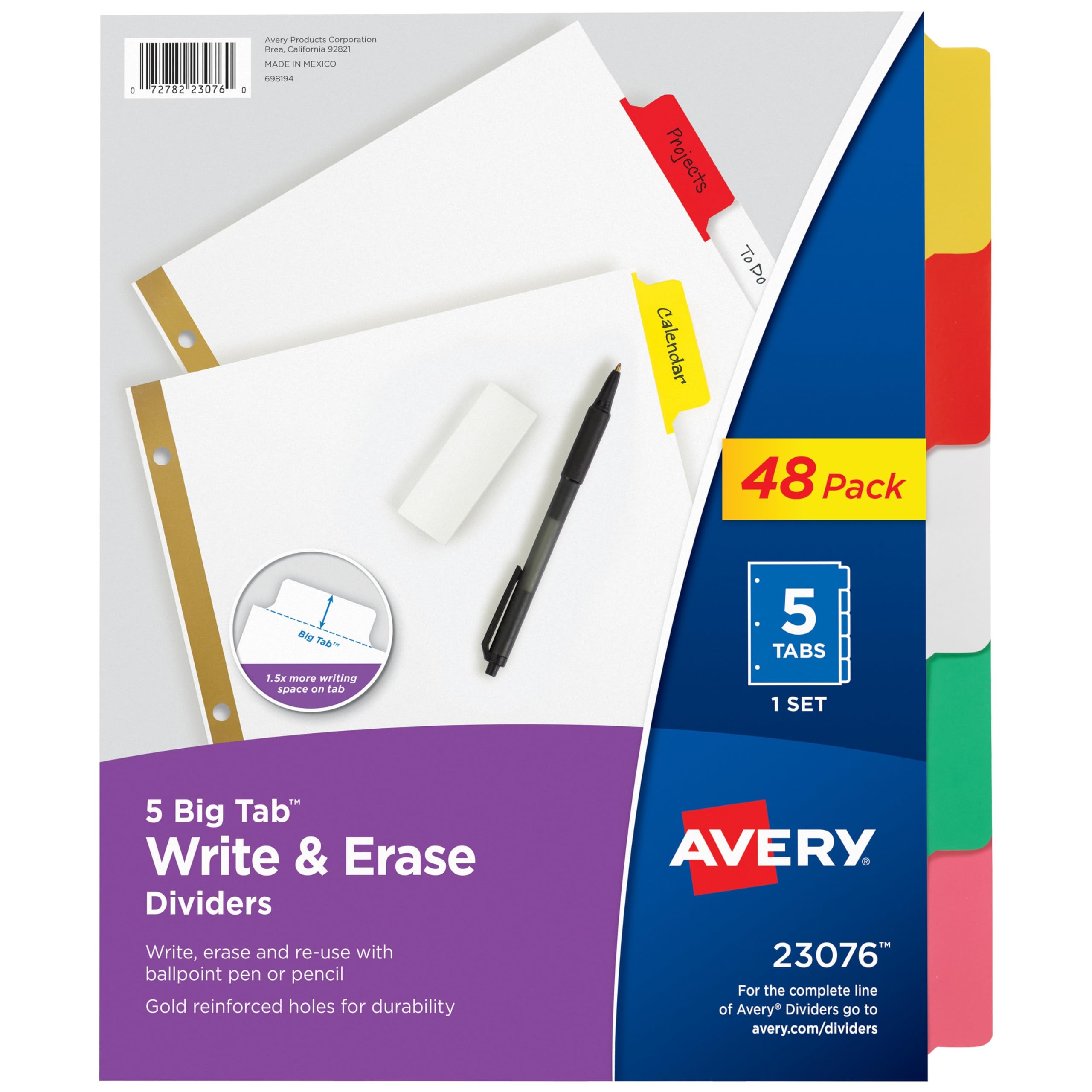 Avery Big Tab Write & Erase Dividers, 5 Multicolor Tabs, Case Pack of 48 (23076), 48-Pack