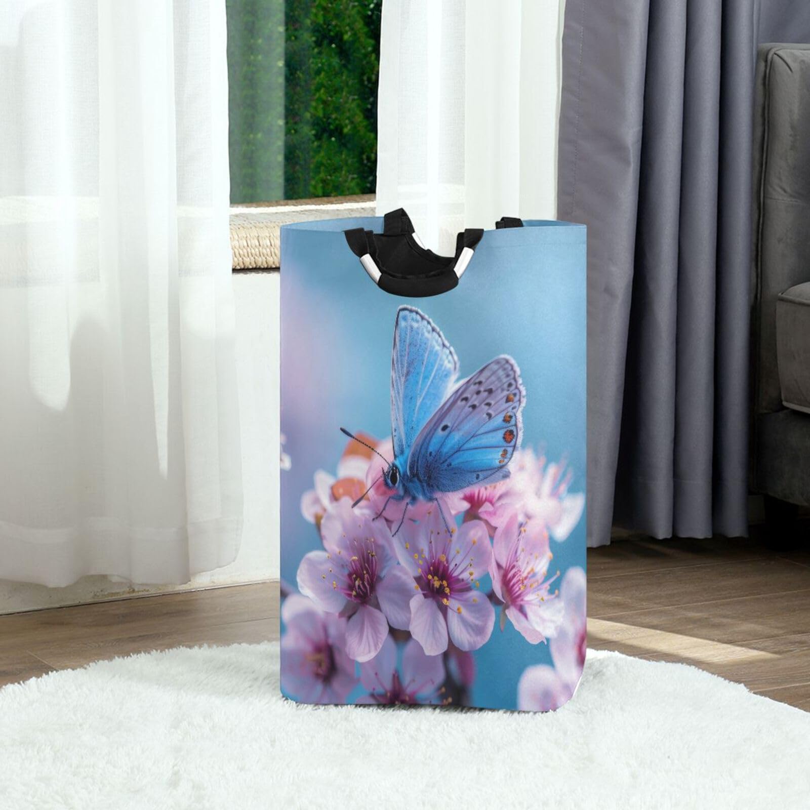 Jihqo Laundry Hamper Basket Vivid Butterfly and Flowers Collapsible Nursery Storage Bin Waterproof Clothing Baskets for Home Bedroom Bathroom Washing Room