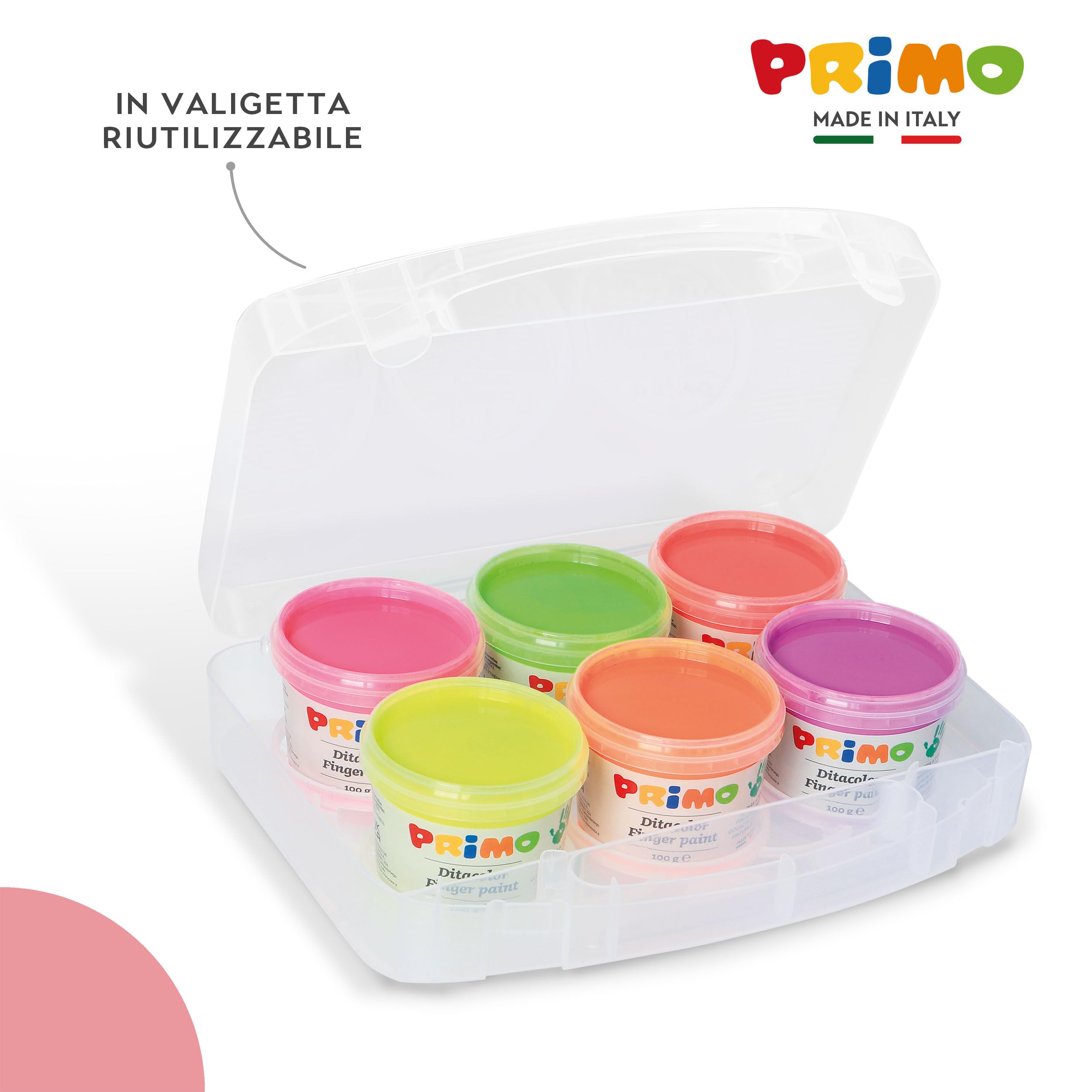 PRIMO - Valigetta Colori per Bambini +2 Anni Prima Infanzia, Tempere per Dipingere a Dita 100g 6 Colori Fluo per Carta Vetro, Tempera Pittura Cartoleria e Lavoretti Creativi Dermatologicamente Testata
