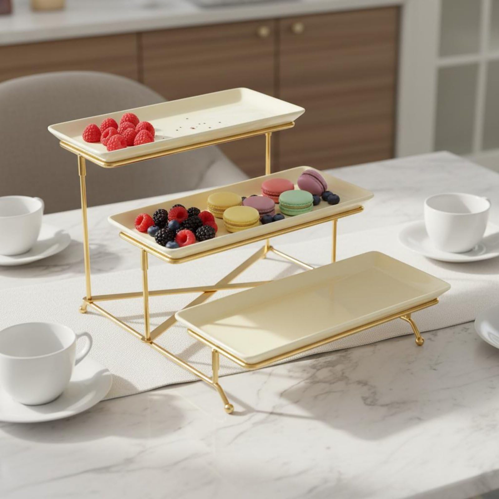 Soporte Cerámico con Montaje Metálico y Bandejas Exhibidor para Dulces y Repostería Variada Estilo Moderno Adecuado para Hogar Cocina Fiestas Temáticas Cafeterías, Style to 2