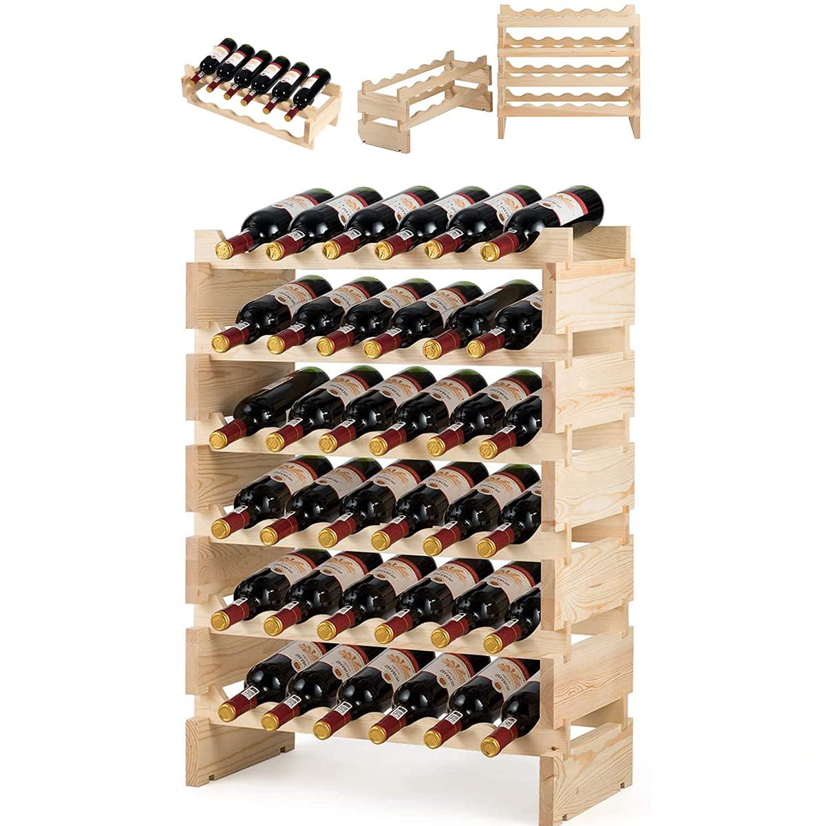 RELAX4LIFE Portabottiglie Vino per 36/72/108 Bottiglie in Legno, Cantinetta a 6/9 Livelli, Ripiani Impilabili con Montaggio a Incastro, Scaffale Salvaspazio,Vintage, per Cucina, Bar (36 Bottiglie)