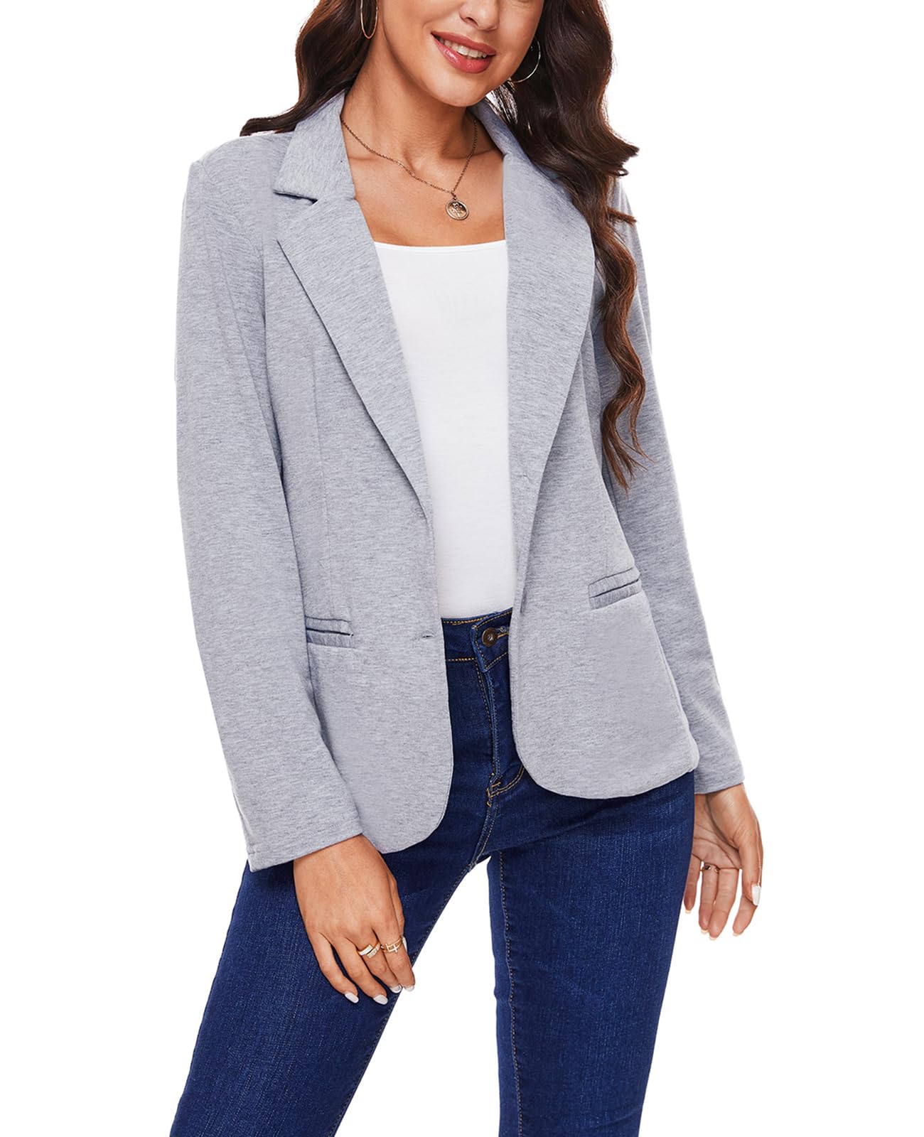 MINTLIMIT Women Long Sleeve Blazer Button Front Work Casual Office Lapel Suit Jacket Lightweight Knit Blazers with Pockets