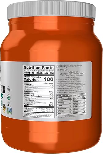 Miniatura 2 de NOW Sports Nutrition, Proteína de suero orgánica certificada 0.67 oz, polvo sin sabor, 1 libra
