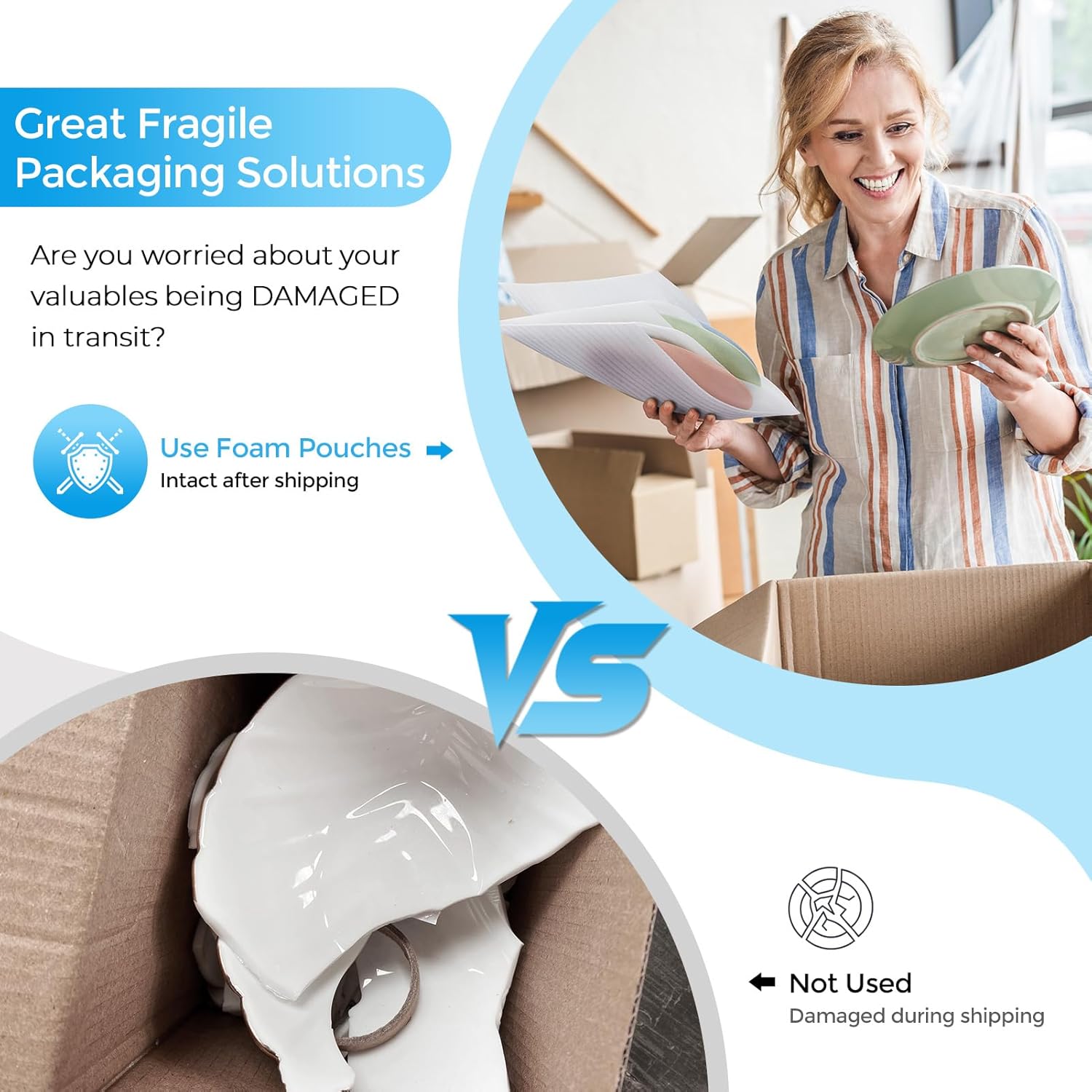 Metronic 100pcs Moving Supplies,Foam Pouches(12x12 20,7.5x12 20,7.5x7.5 20) and Sheets(12x12 40pc),Foam Wrap Cushioning Material,Packing Supplies for Storage and Shipping,Protect Dishes,Mug