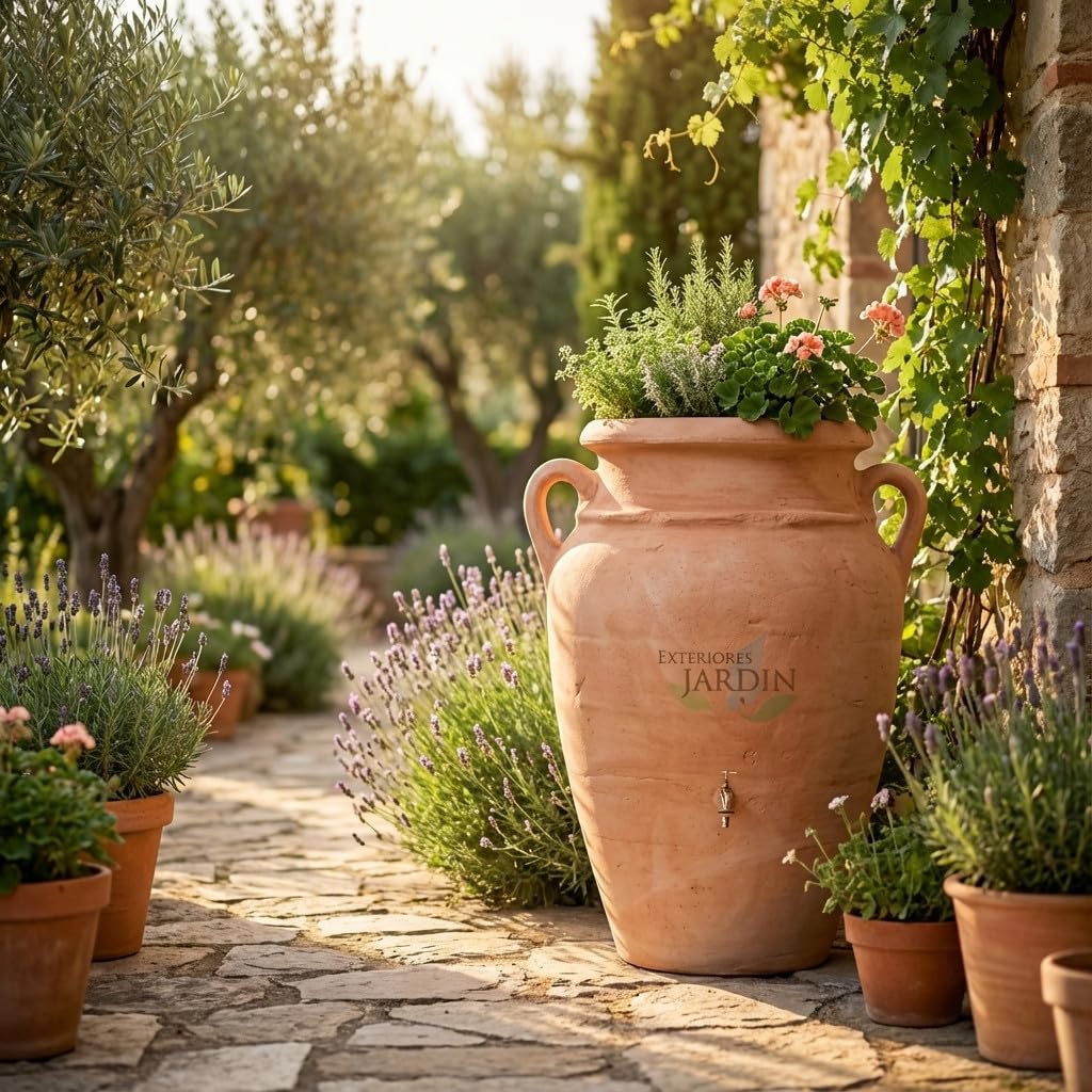 Deposito de Agua Terracota 360 litros | Anfora Jardin 360 L con Grifo | Deposito Agua de Lluvia 78x120 cm | Depositos de Agua Decorativos