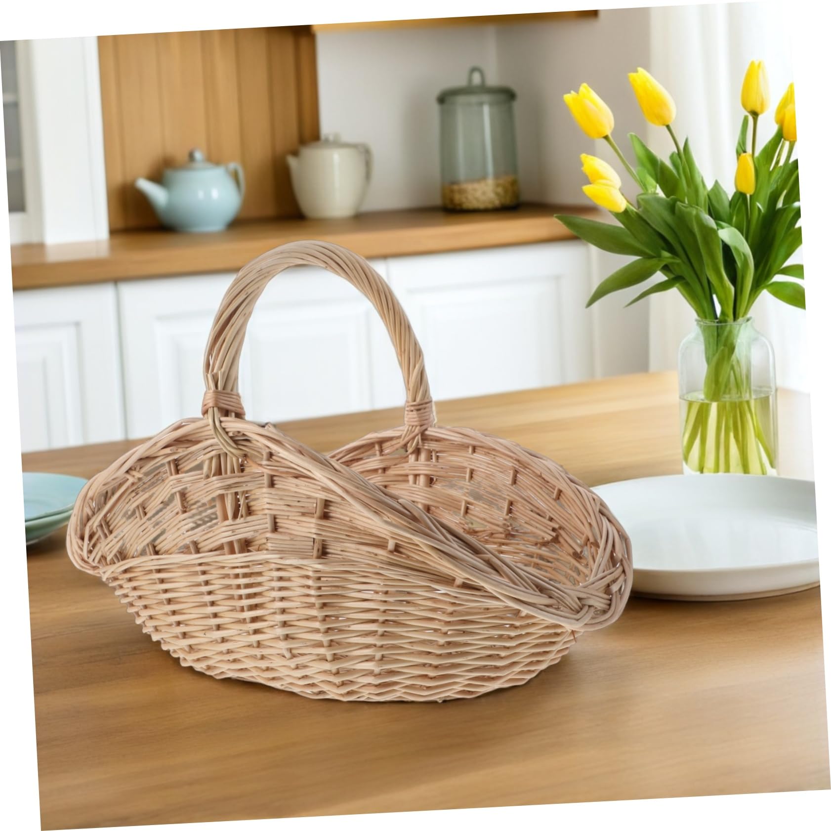 Cesta de Mimbre Natural con Asa Ventilada para Picnic Almacenamiento Flexible de Frutas Verduras y Huevos Diseño Artesanal Resistente para Cocina y Exteriores