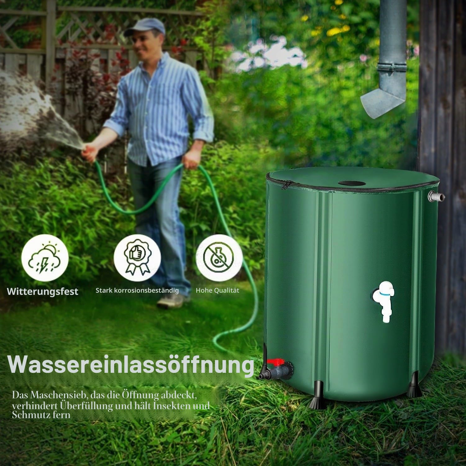 Faltbare Regentonne 1000 Liter Mit Überlaufschutz – Regenwassertank Aus Wetterfestem PVC, Regenwassersammler Mit Deckel Und Wasserhahn Für Garten(132 gallon/500 L)