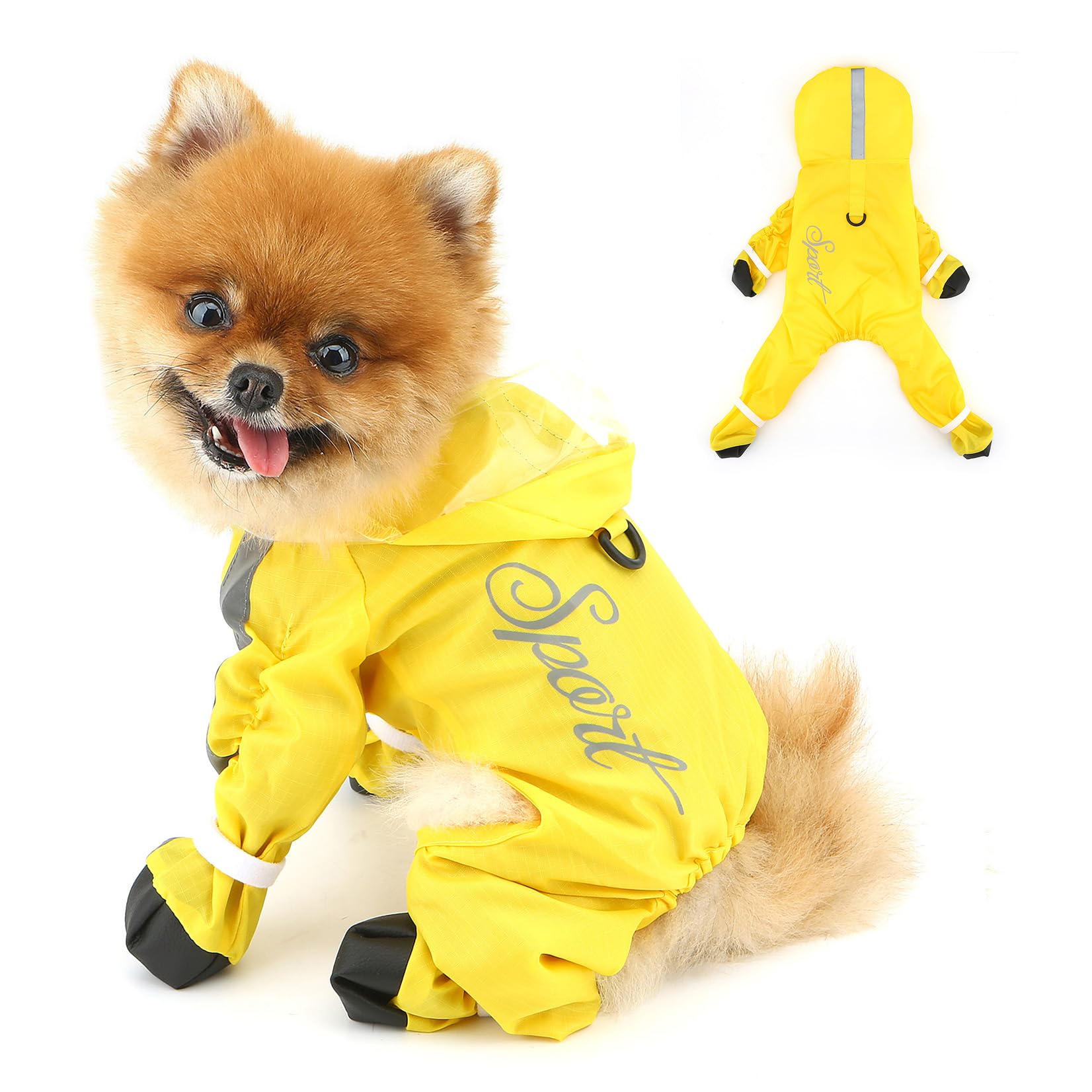PAIDEFUL Dog Raincoat, 4 Legs Dog Rain Jacket for Small Dogs Feet Cover Waterproof Doggie Rain Coats with Button Reflective Stripe Transparent Hood Rain Resistant Pet Jumpsuit D-ring,Yellow,XXL