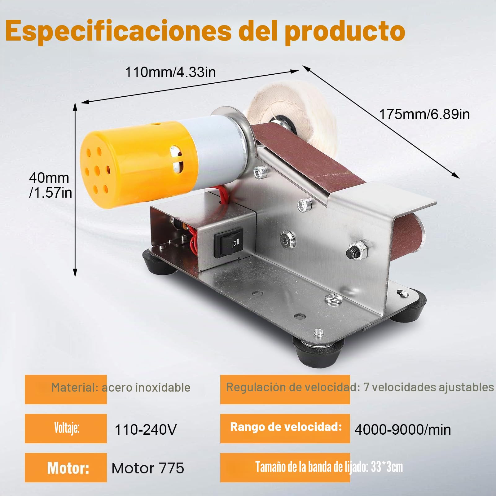 Lijadora de Banda Eléctrica Mini, 775 Motor, 7 Velocidades Ajustables, 15 Grados, Doble Salida, para Metal y Madera