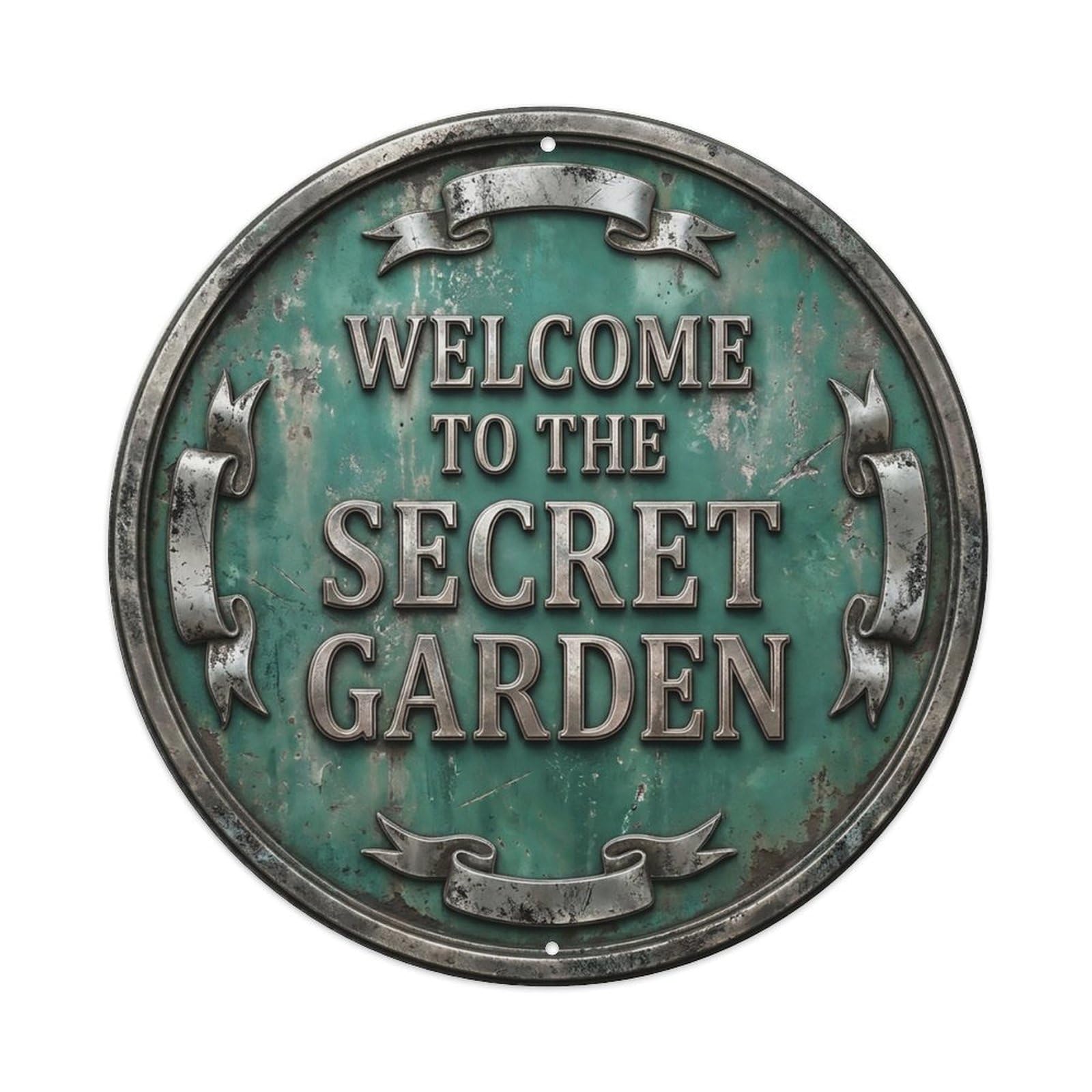 Vintage Welcome Secret Garden Silver Teal Antique Metal Tin Sign