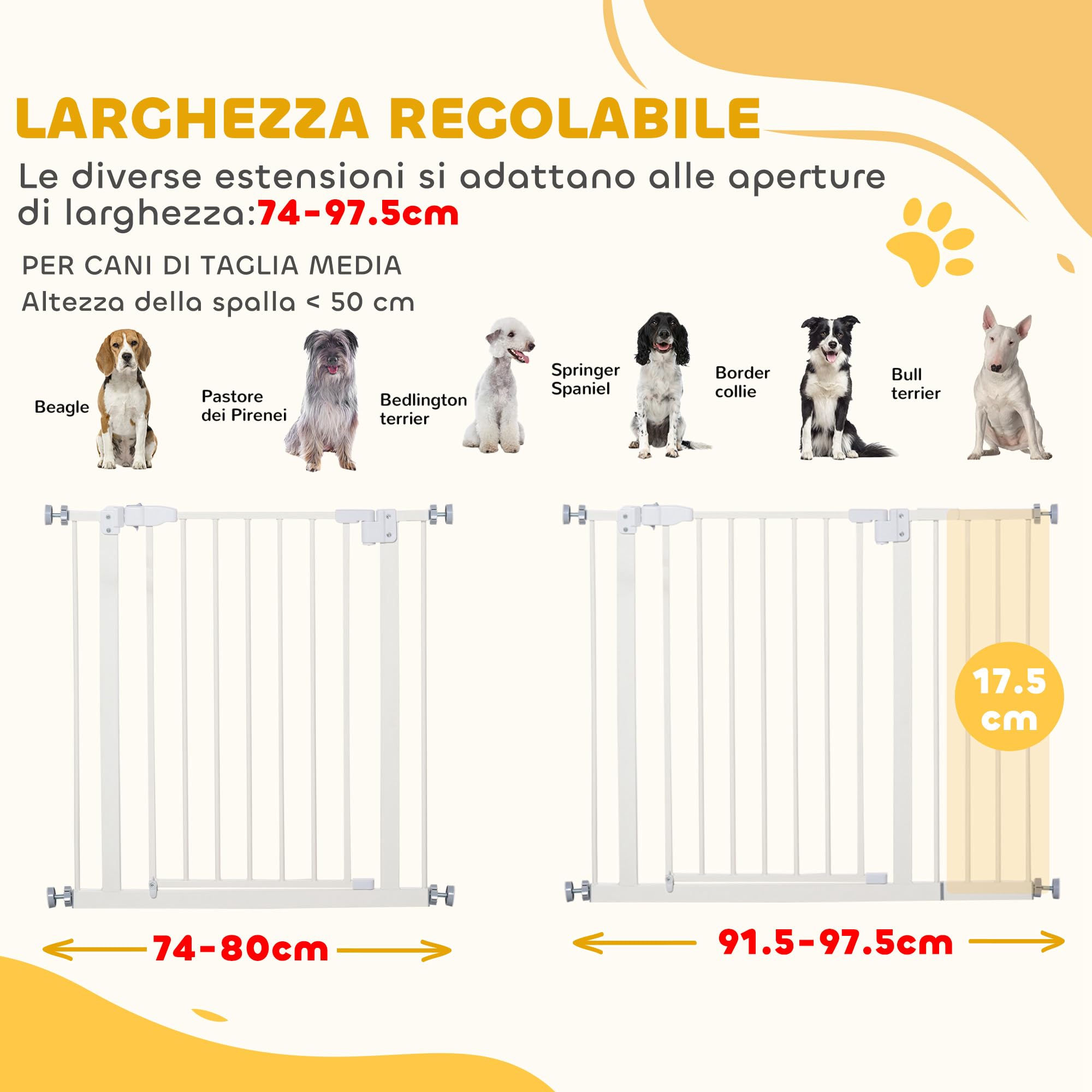 PawHut Cancelletto per Cani Estensibile Barriera per Gatti 76.2cm Bianco | Montaggio a Pressione, Chiusura Automatica, Cancello per Cani da Esterno Estensibile