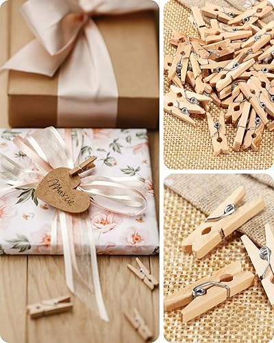 Miniatura 4 de Mini alfileres resistentes para fotos, 150 pinzas de madera natural de 1 pulgada con cordel de yute de 33 pies, clips pequeños para exhibición de