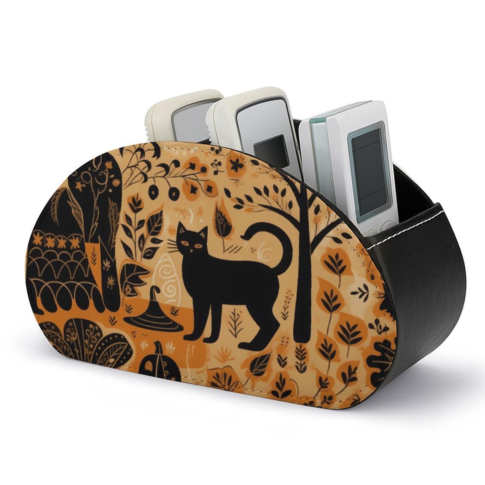 JTREHY PU Leather Remote Control Holder, Animals And Pumpkins Printed Desktop Caddy Storage with 5 Compartments, Fits TV Remotes, Media Controllers, Office Supplies, Makeup Brush
