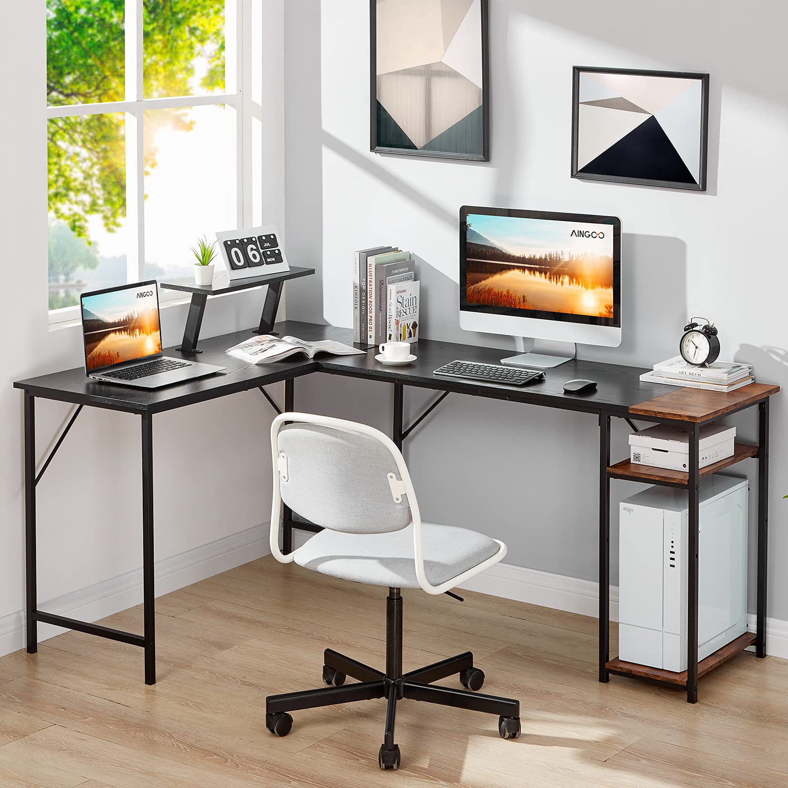 Buy Aingoo Corner Desk with Shelves L Shaped Desk for Home Office