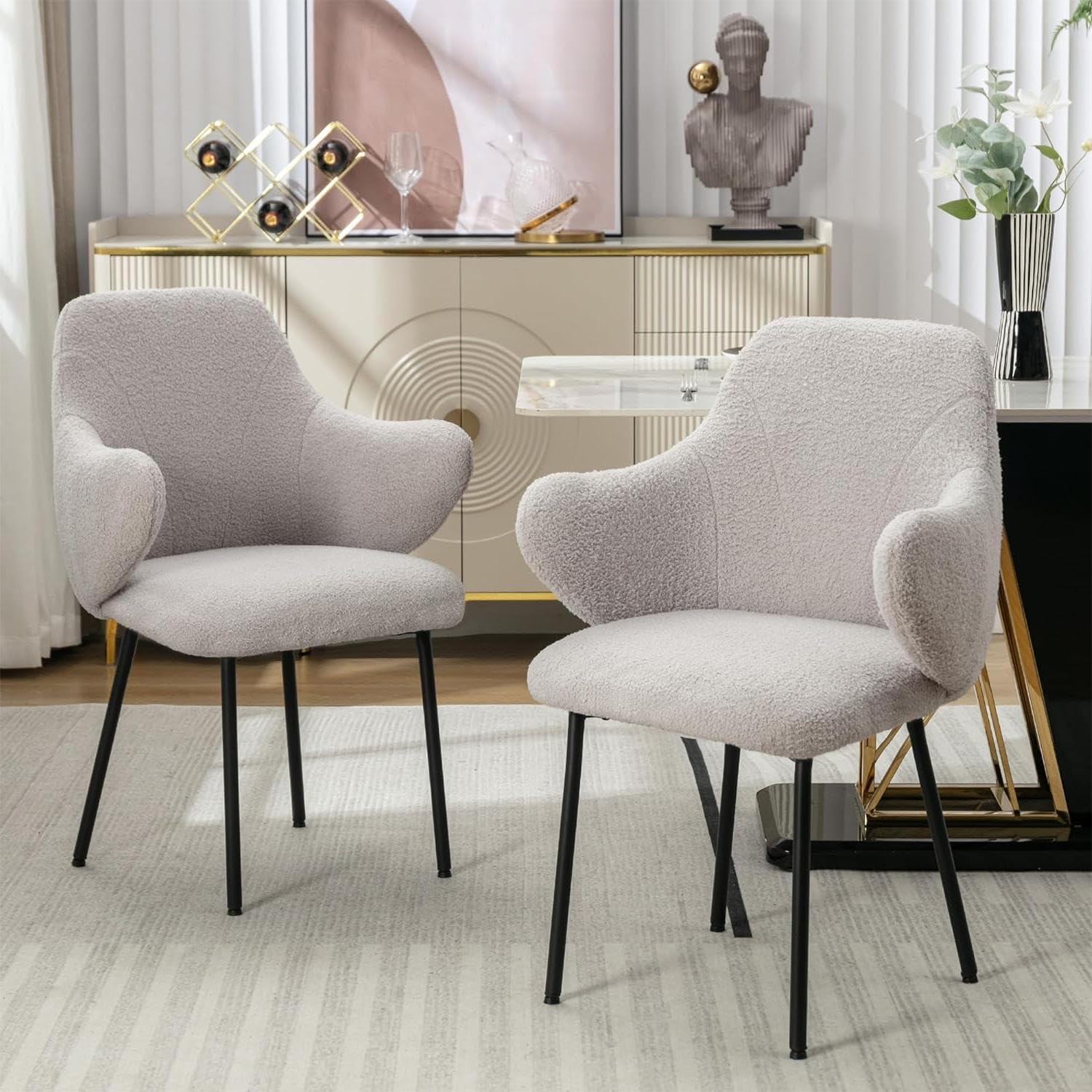 DYHOME Dining Chairs Set of 2, Mid-Century Modern Kitchen Dining Room Chairs, Upholstered Boucle Sherpa Dining Chair with Arms for Living Room, Bedroom, Kitchen with Black Metal Legs, Gray