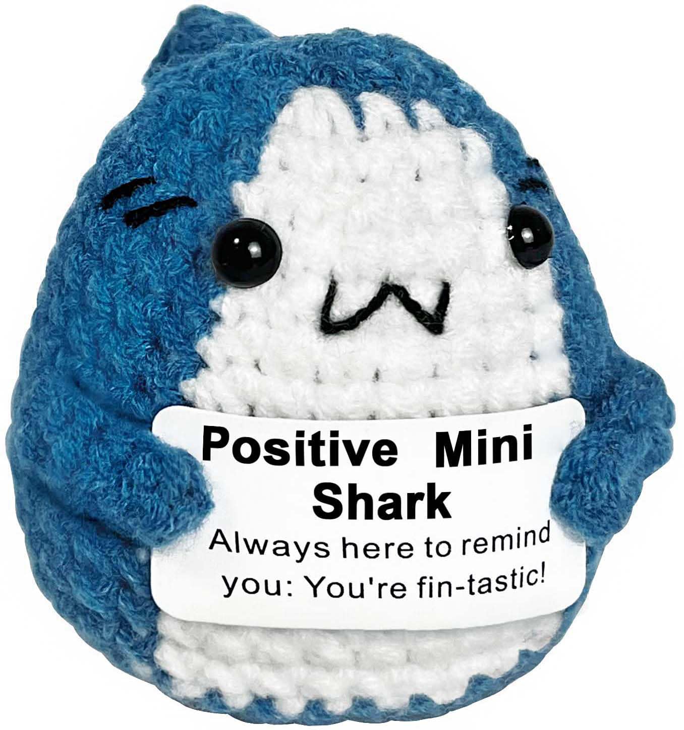 Positive Animals Crochet Shark Gift – Mini Emotional Shark Plush with Support Message, for Coworker or Friend, Christmas Secret Santa Gift for Women Men
