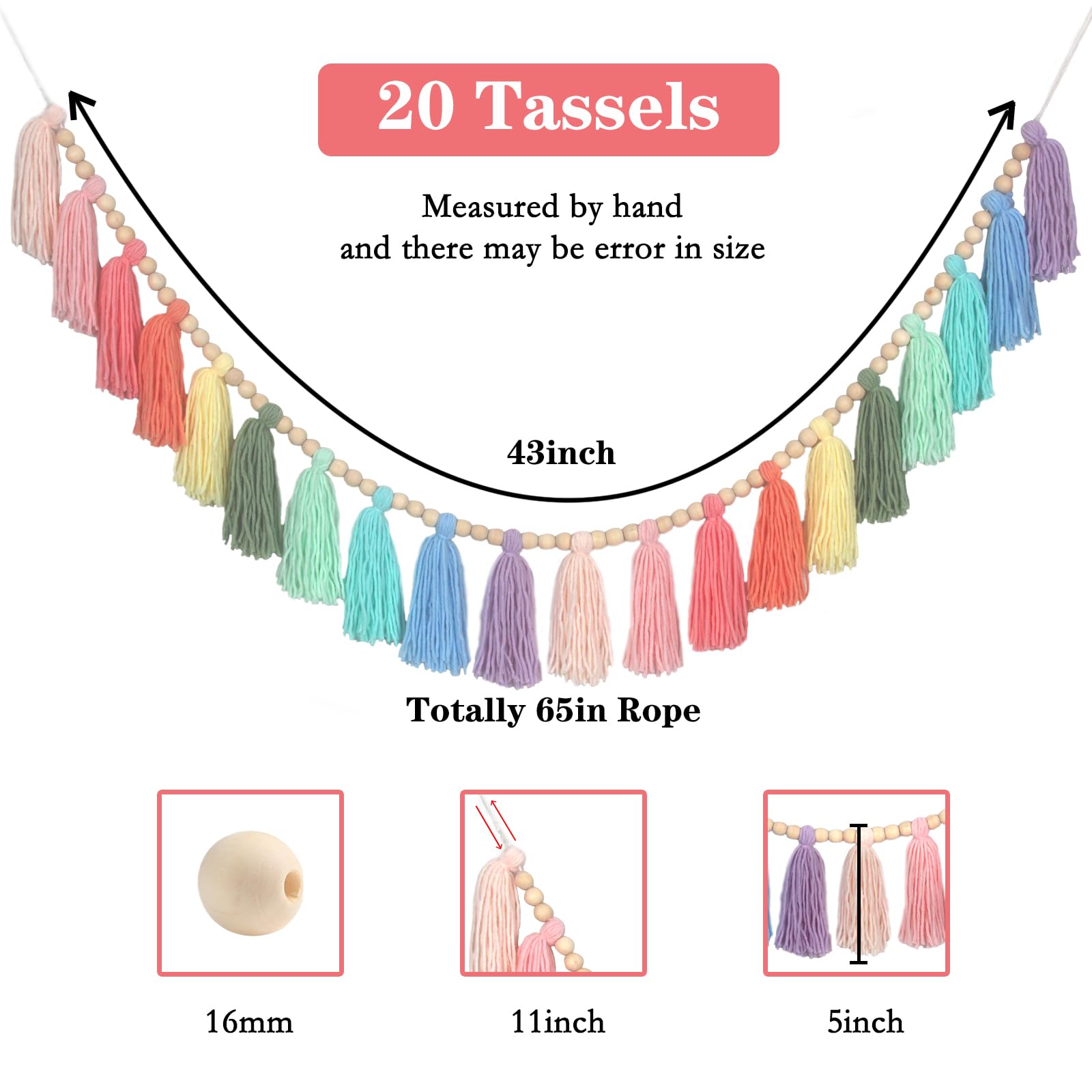 Tasruwat Rainbow Pastel Yarn Wood Bead Tassel Garland Wall Hanging Decor Boho Preppy Bunting Banner Tassels for Spring Easter Nursery Classroom Birthday Party Baby Shower Kids Bedroom Decorations
