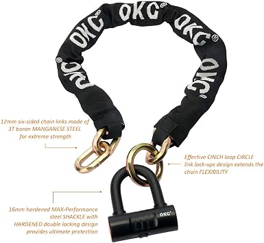 OKG Heavy Duty Chain Lock - 4 Keys, 11lbs, 4 ft x 1/2 in (12mm) Thick Cinch Security Chain Combo 11/16 (18mm) Small U Lock for Motorcycles, Mopeds, E-Bikes, Trailers, ATVs, etc.