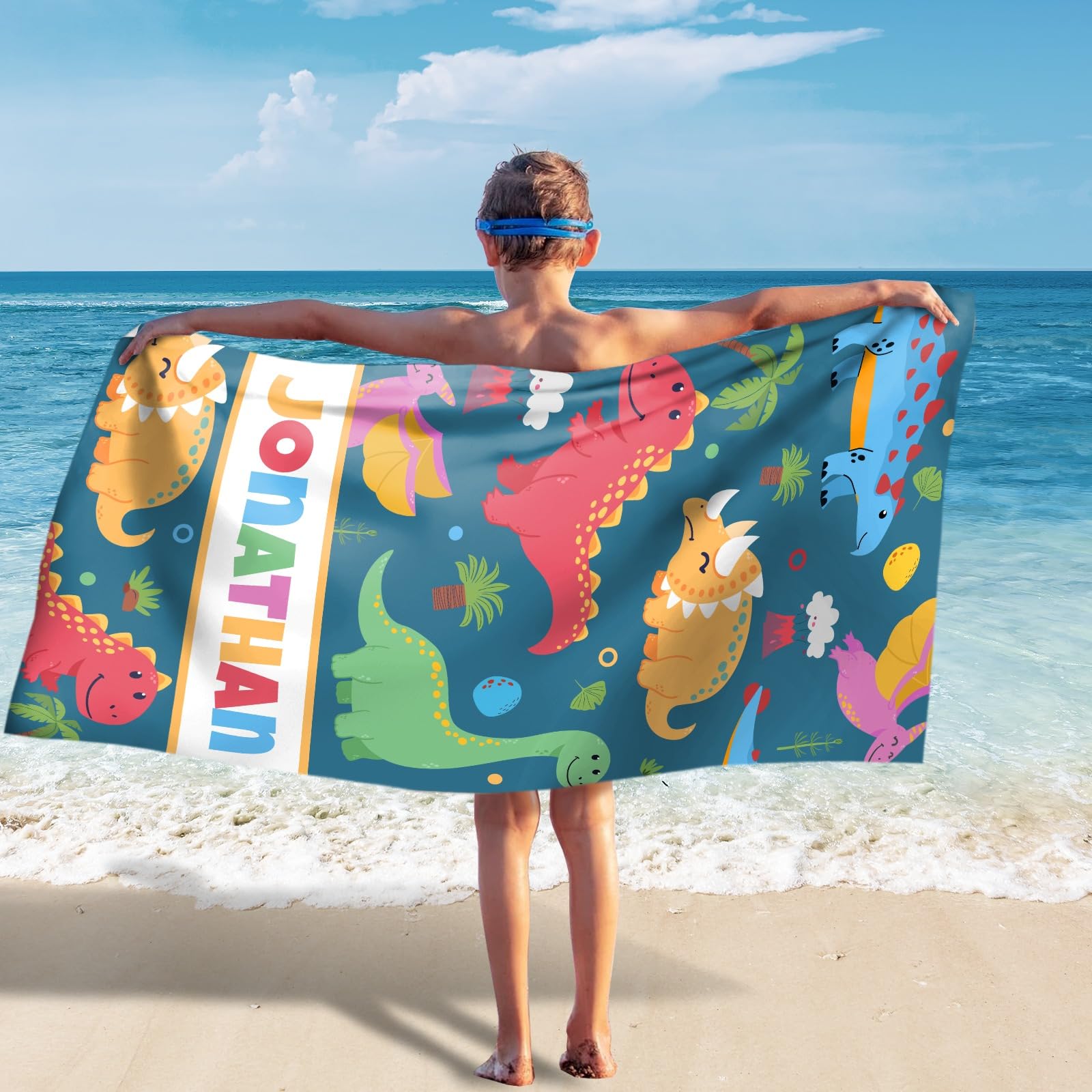 Jodimitty Personalised Beach Towel for Boy Dinosaur Pattern, Microfibre Towel Quick Dry Lightweight Sand Free Beach Towel, Personalised Gift for Boy Men, 60x120cm/76x152cm/90x180cm