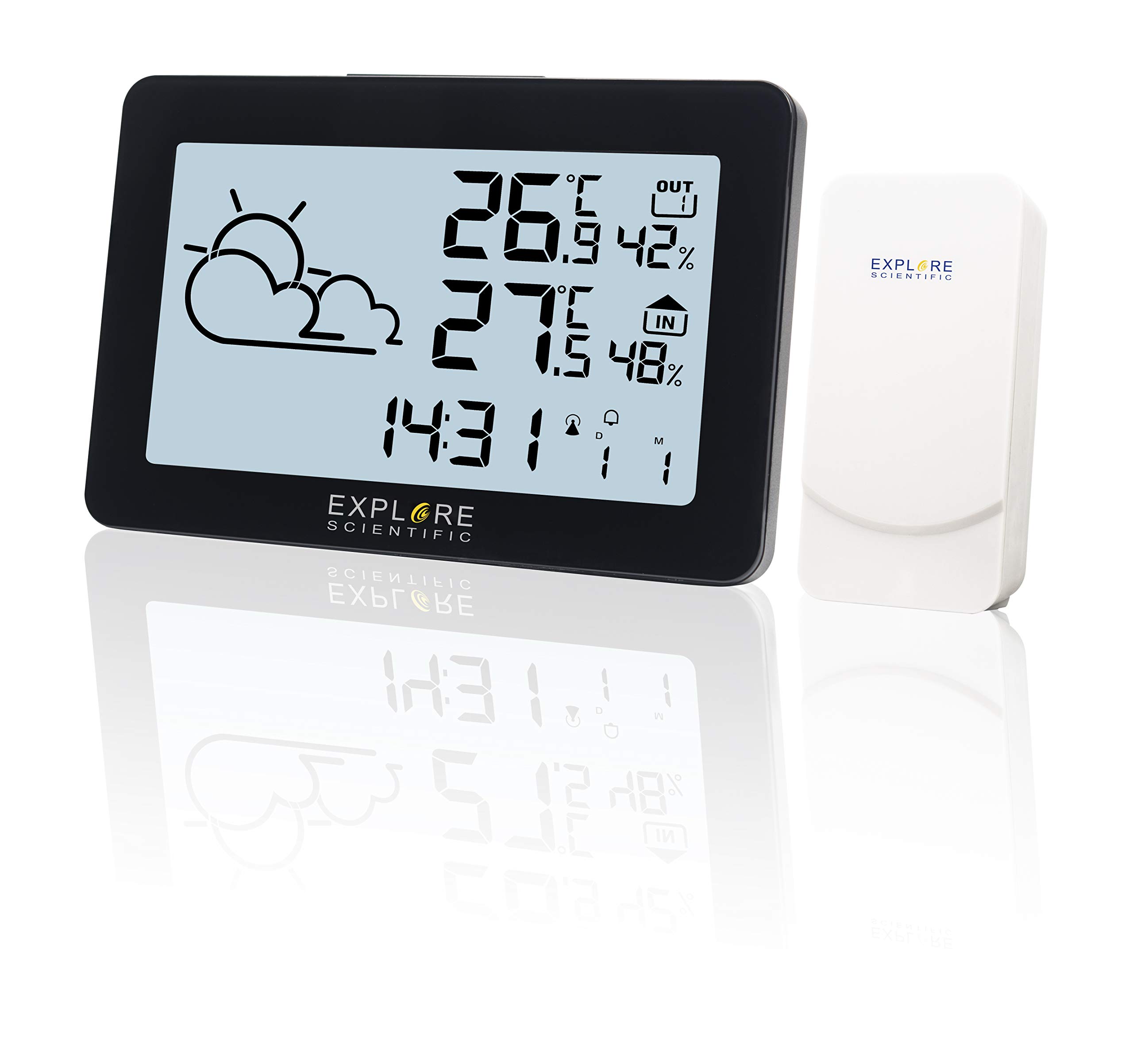 EXPLORE SCIENTIFIC WSH-4002 Wetterstation, Funkuhr, Temperatur und Luftfeuchtigkeit im Innen- und Außenbereich, LCD-Display, Hintergrundbeleuchtung, Schwarz