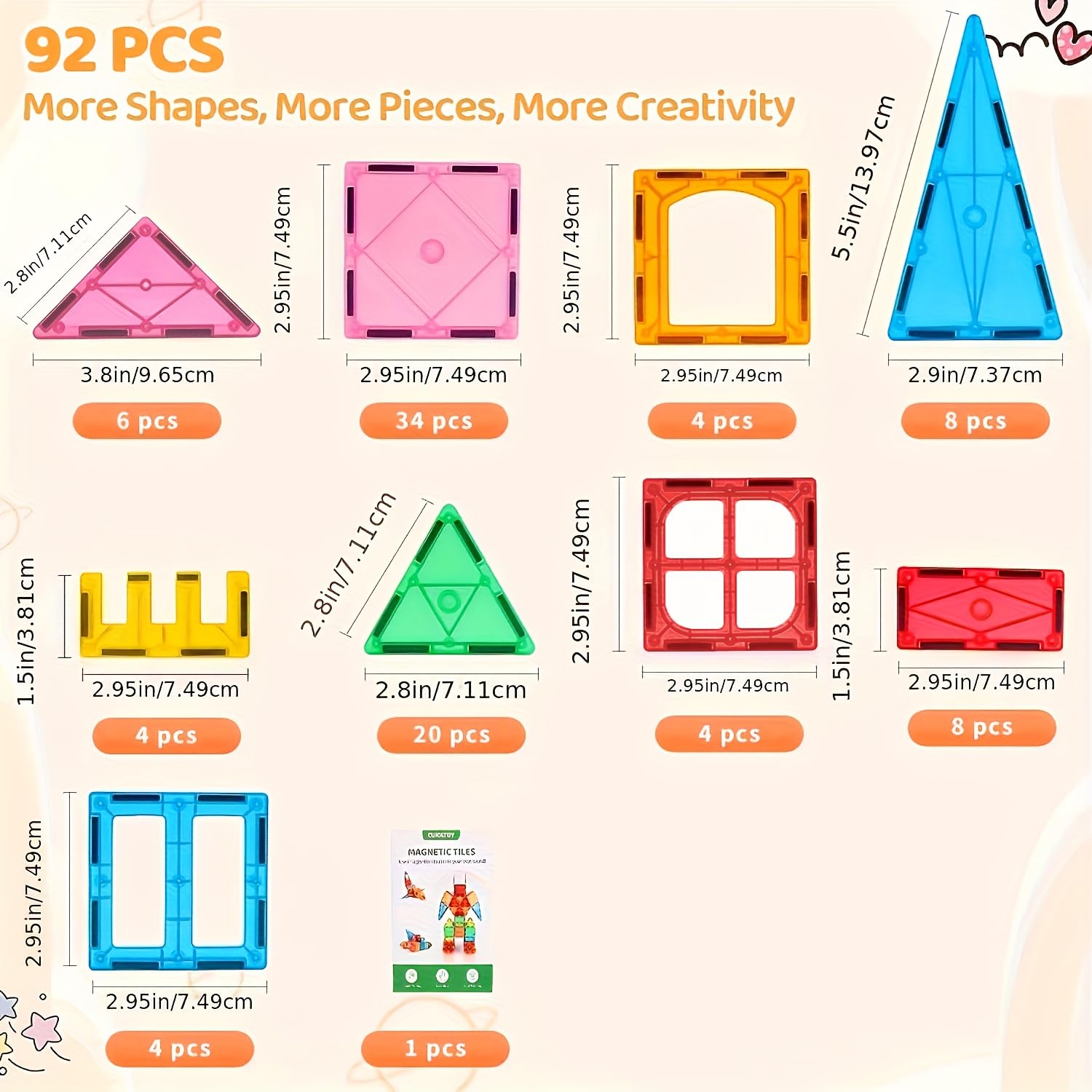 Katiago Magnetische Bausteine 92Pcs für Kinder ab 3+ Jahre Starke Magnet Montessori Spielzeug Kinder STEM-Lernspielzeug-Geschenk zur Förderung der Kreativität für Jungen Mädchen